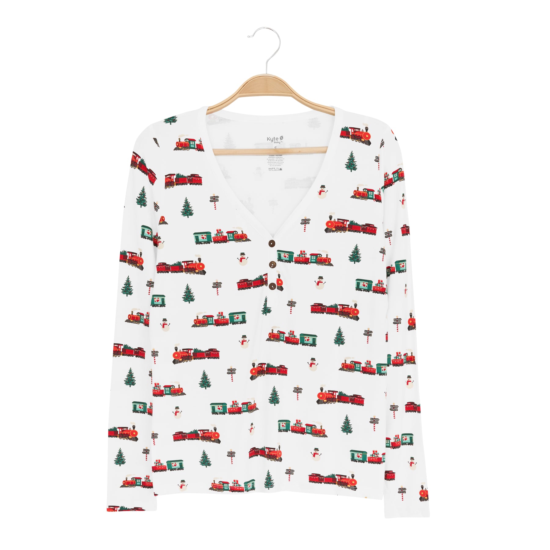 Women's Long Sleeve Henley Tee in Holiday Train