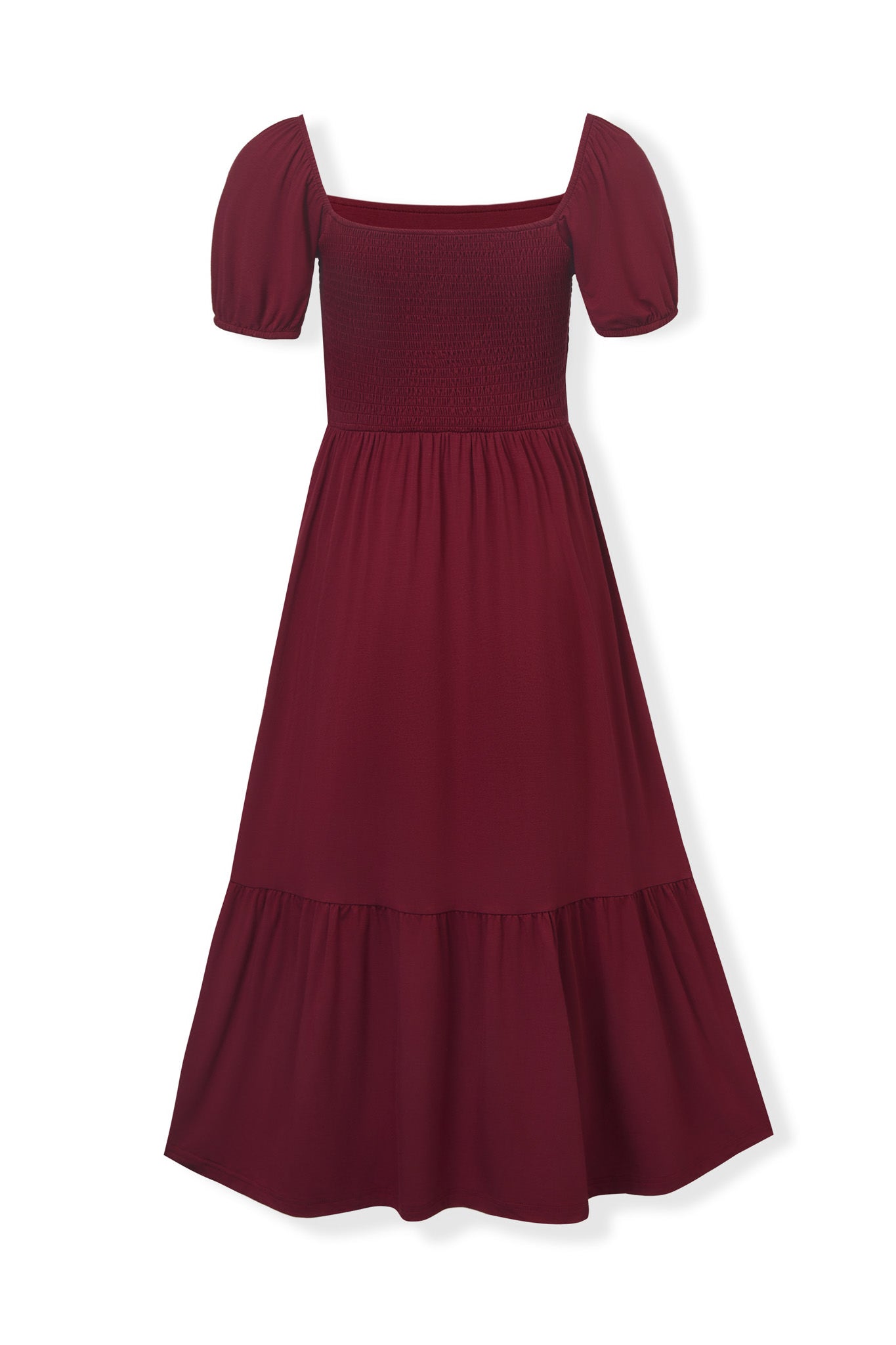 Back side of Women’s Smocked Dress in Burgundy on a white background