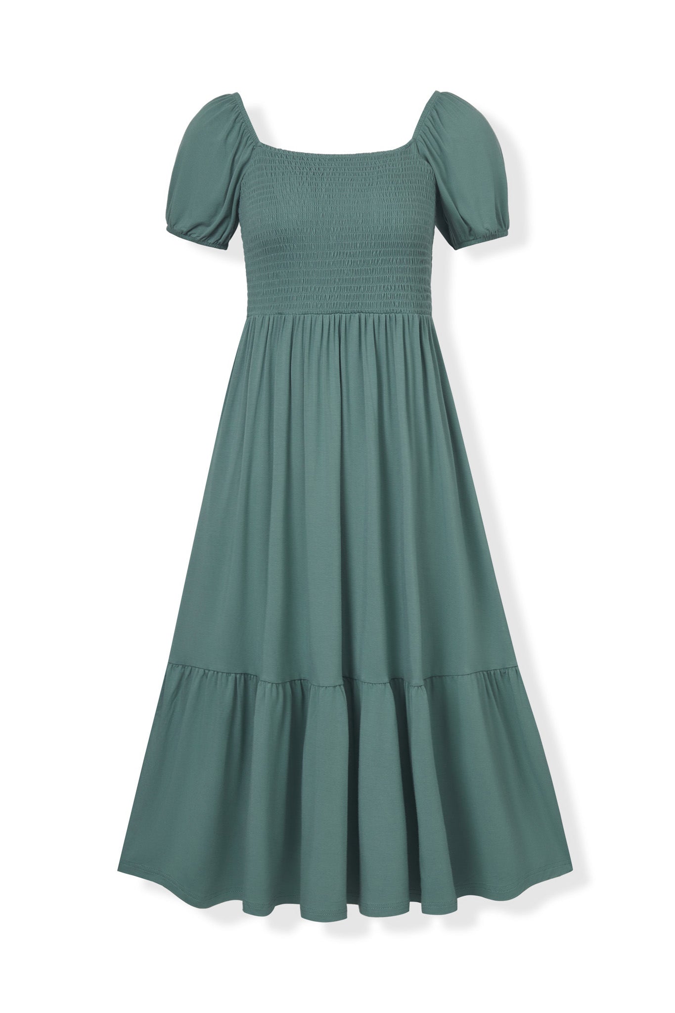 Women’s Smocked Dress in Pine on a white background