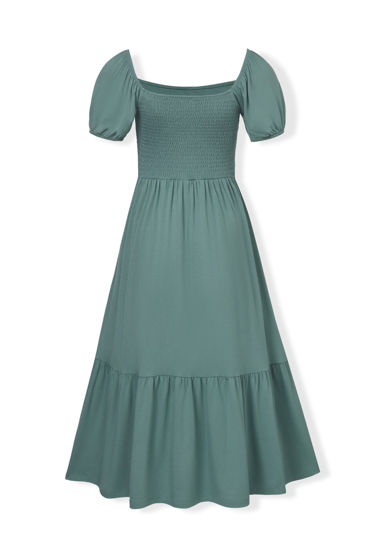 Back side of Women’s Smocked Dress in Pine on a white background