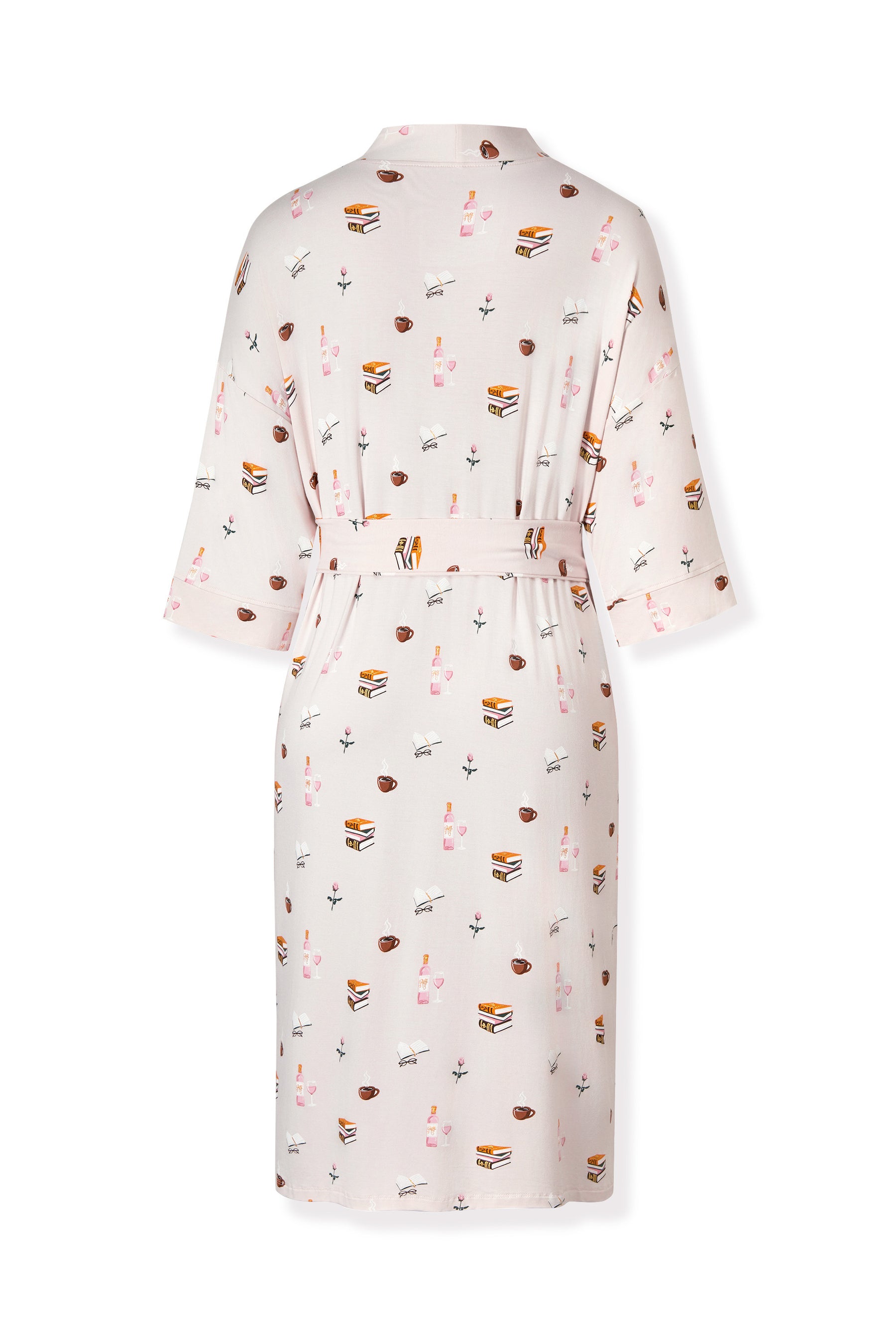Back side of Women's Kimono Robe with Book Club print on a white background