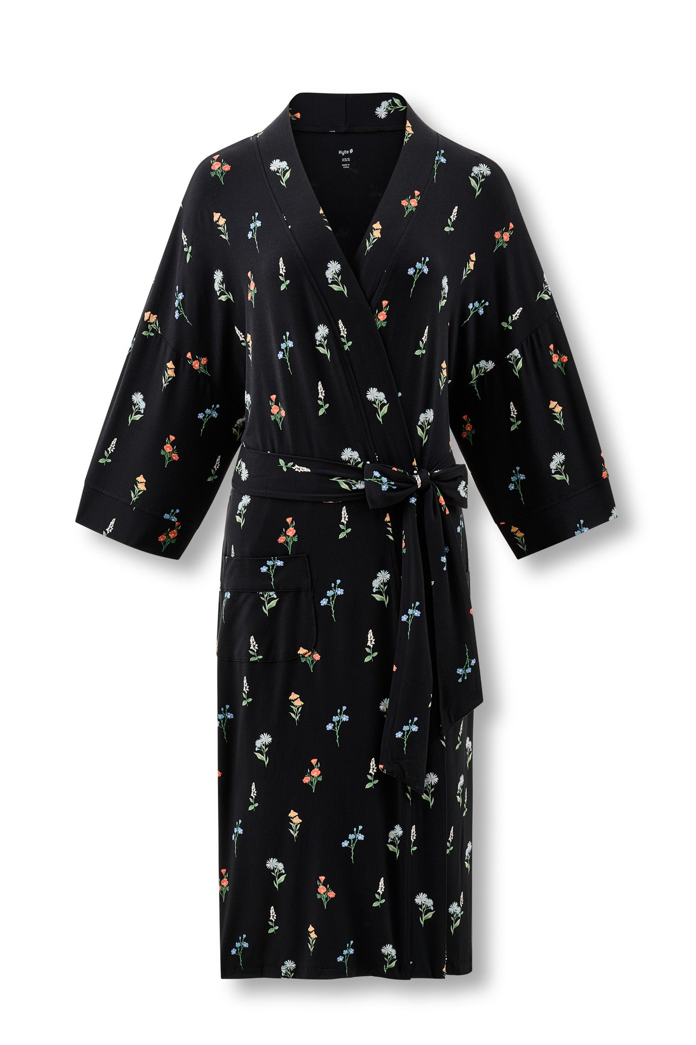 Black Women’s Kimono Robe in Wildflower print on a white background