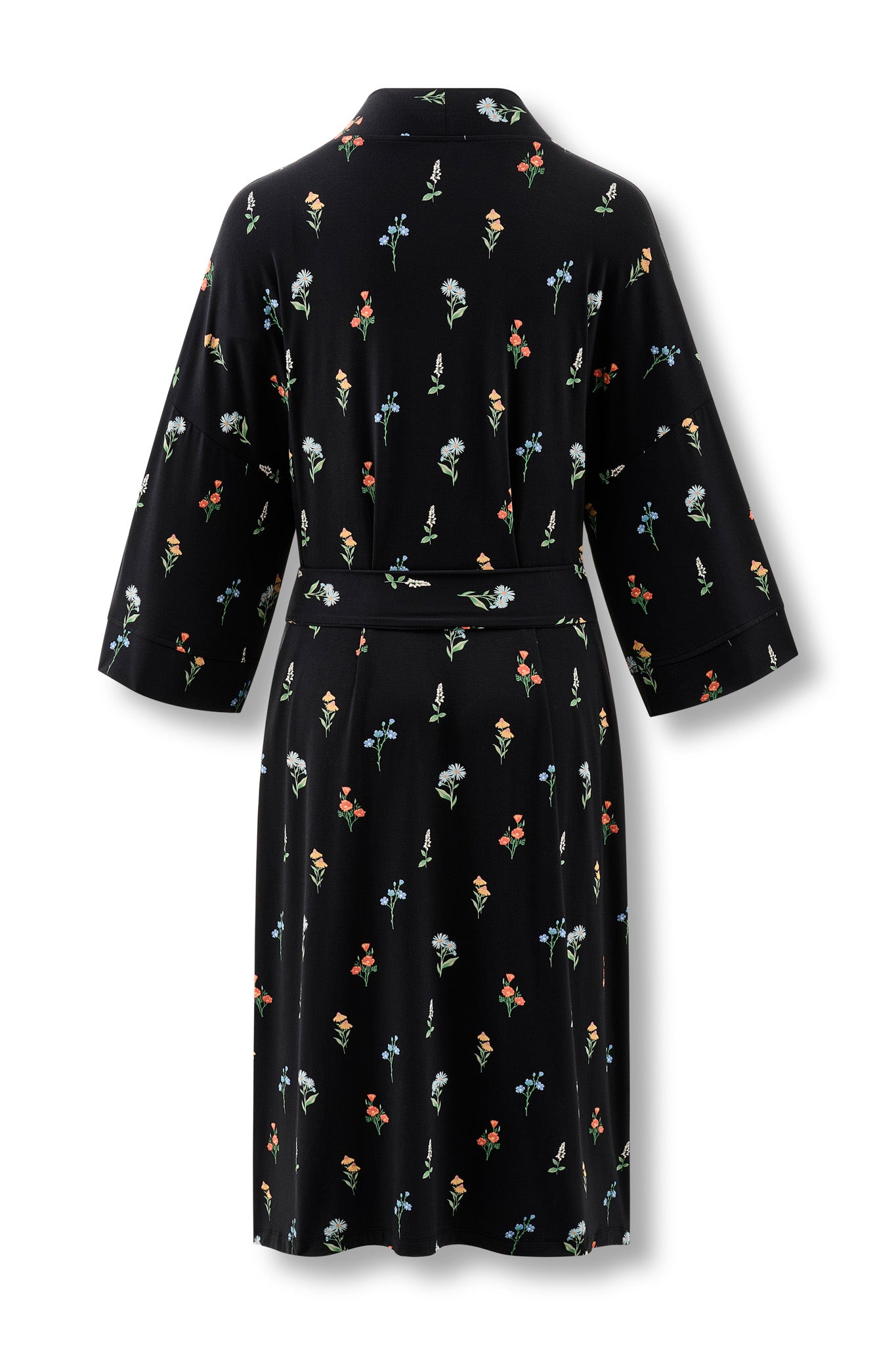 Back side of Black Women’s Kimono Robe in Wildflower print on a white background