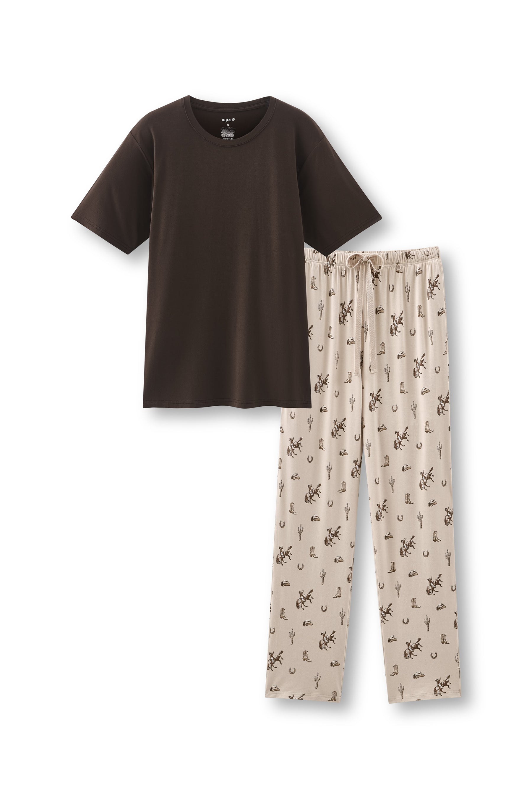 Men's pajama set featuring a brown crew neck tee and western printed pajama lounge pants against a white background