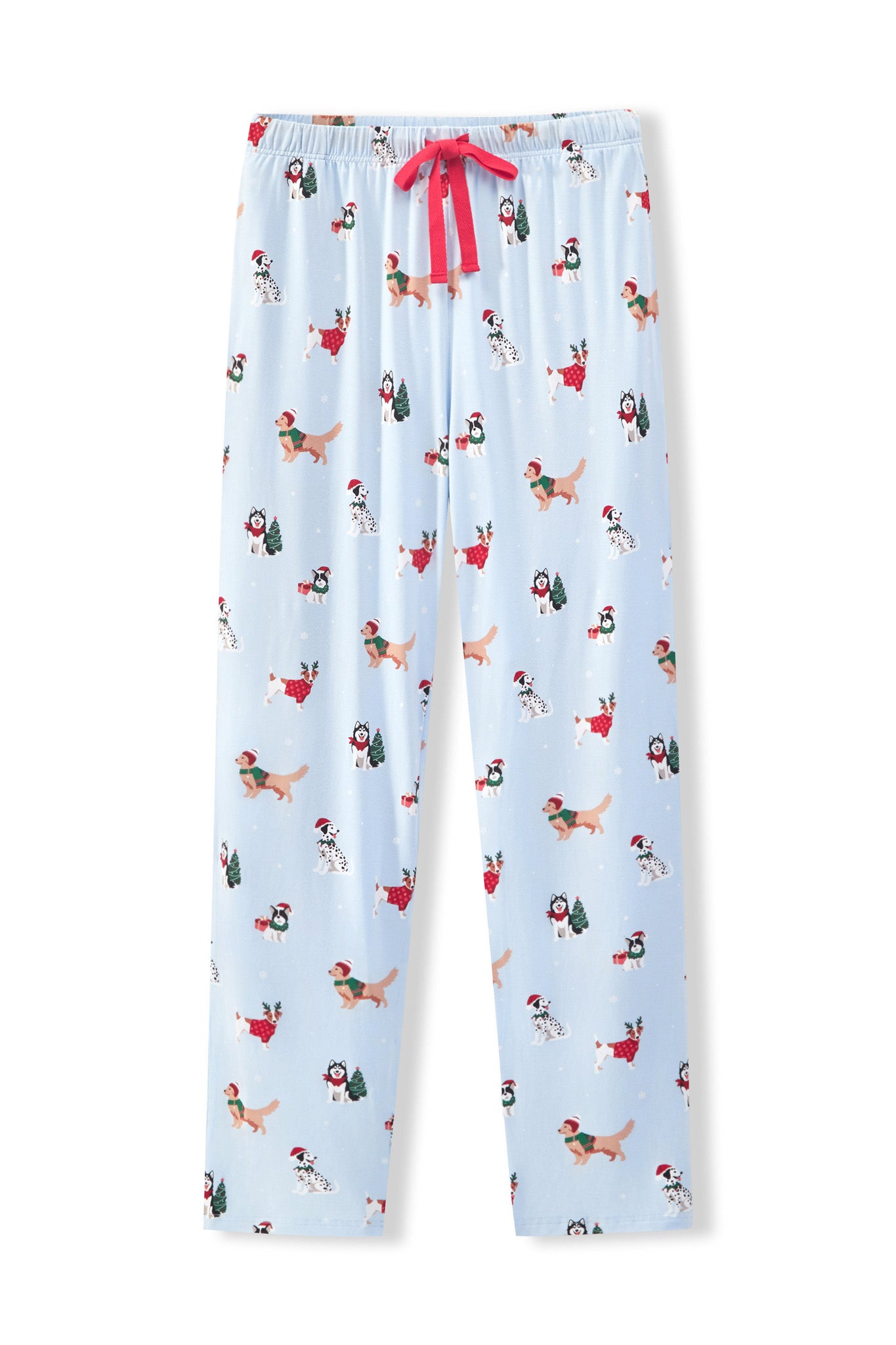Blue Men's Lounge Pants in Holiday Pups print on a white background