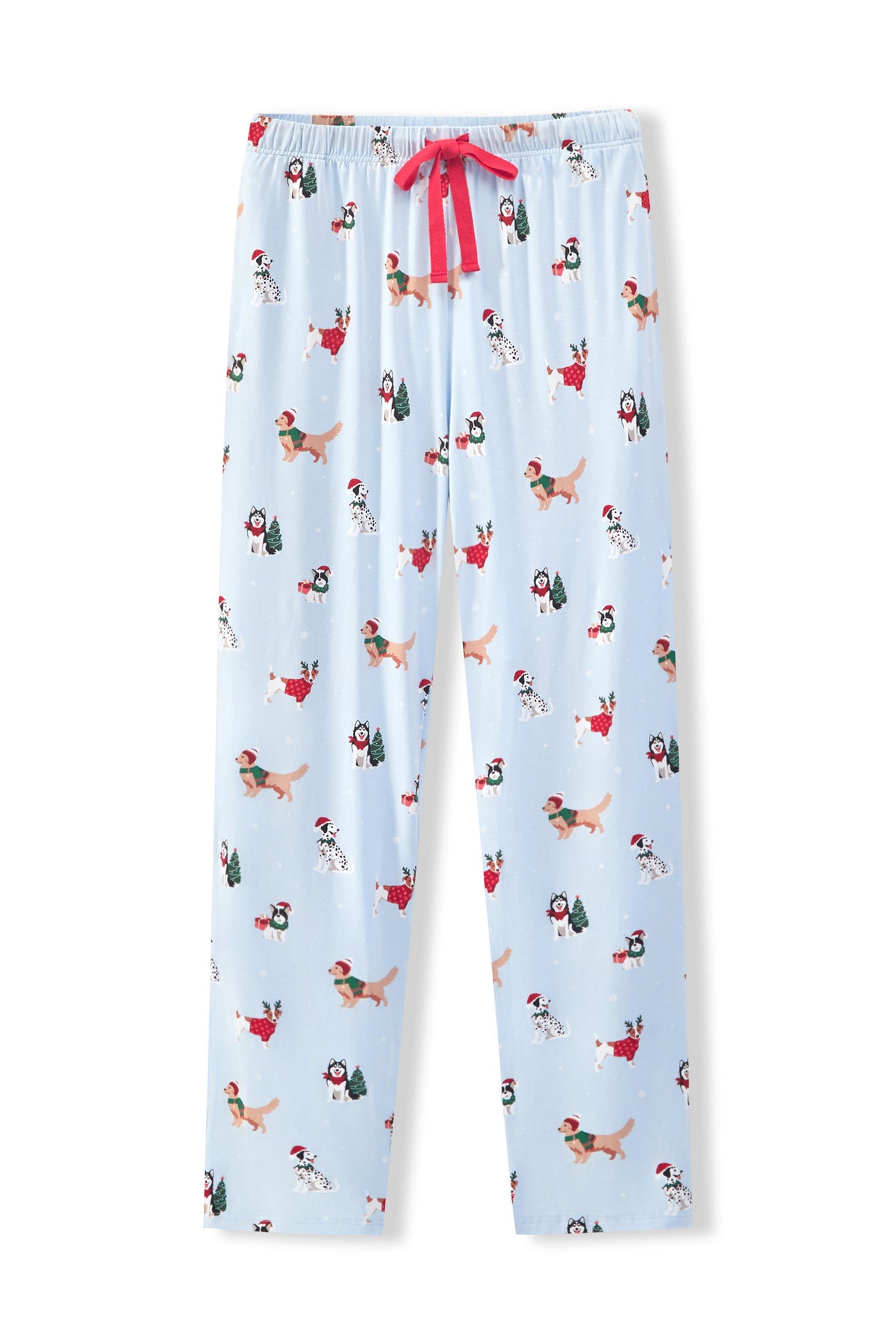Blue Men's Lounge Pants in Holiday Pups print on a white background
