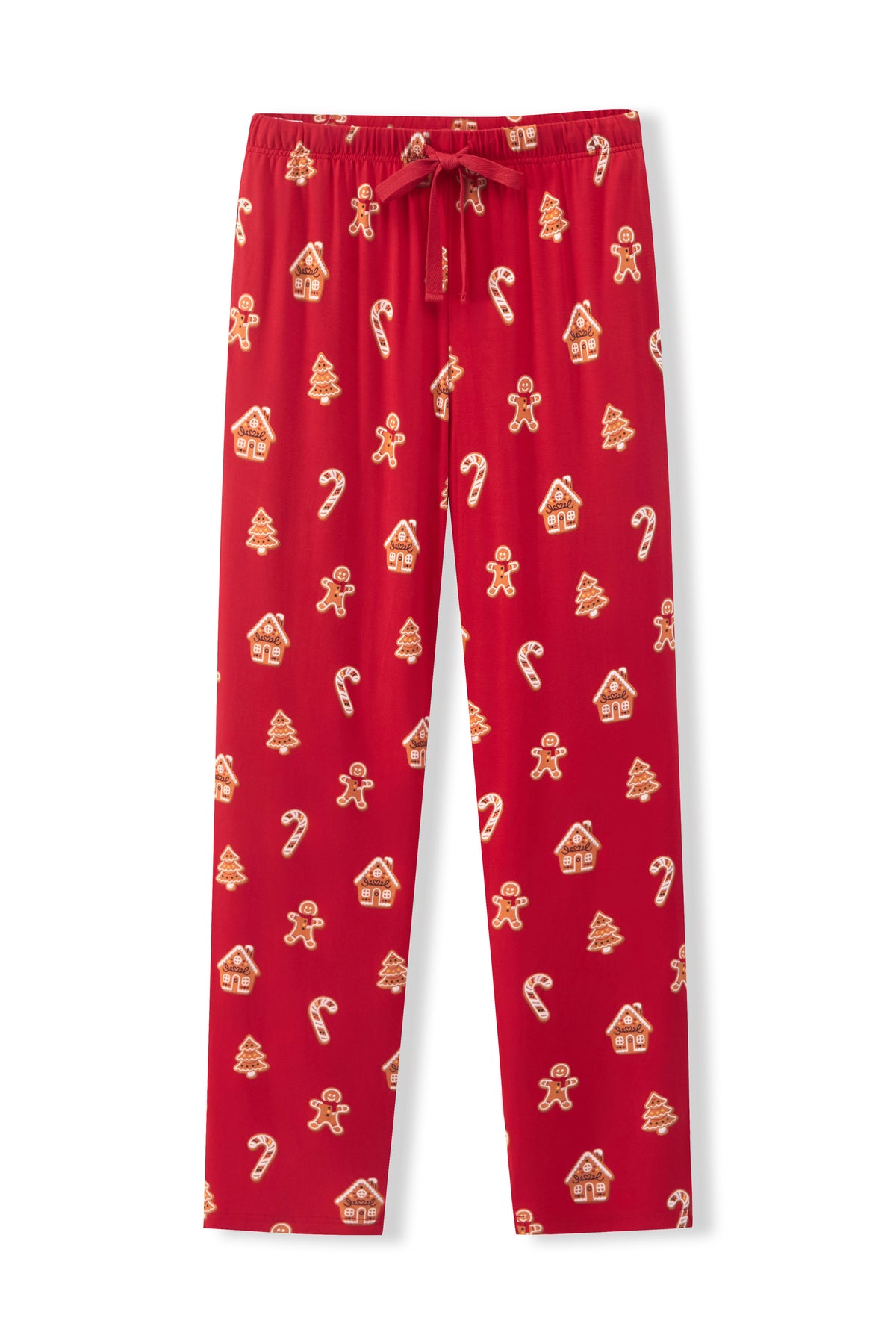 Red holiday-themed lounge pants with an all-over print of gingerbread men, candy canes, and gingerbread houses, featuring an elastic waistband and drawstring.