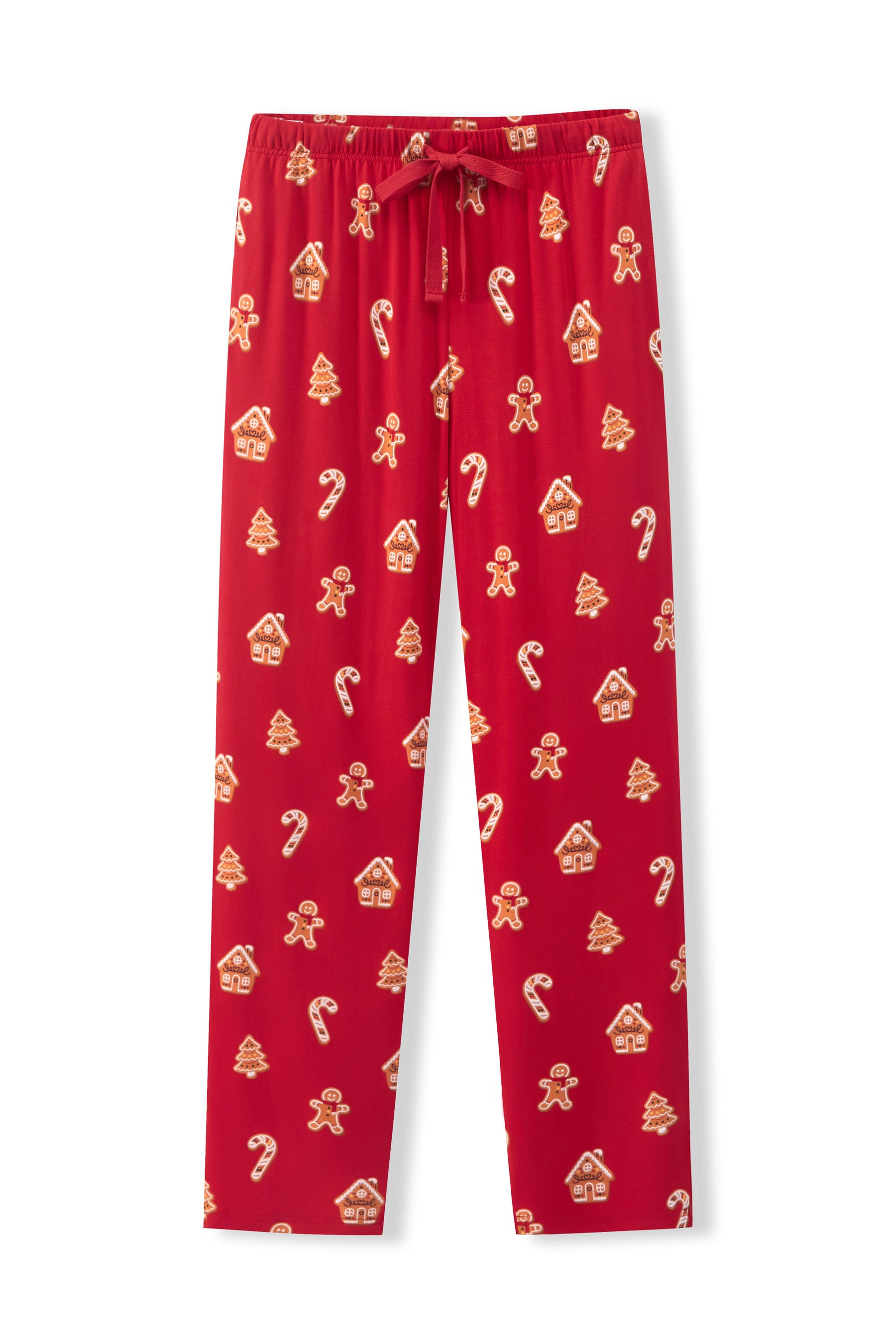 Red holiday-themed lounge pants with an all-over print of gingerbread men, candy canes, and gingerbread houses, featuring an elastic waistband and drawstring.