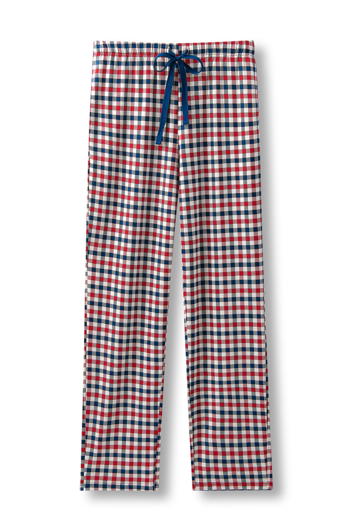 Men's Lounge Pants in red blue and white Patriotic Gingham check print with navy drawstring on a white background