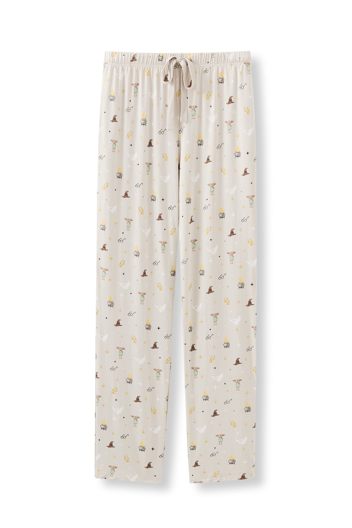 Beige men's lounge pants in Harry Potter pattern print on a white background