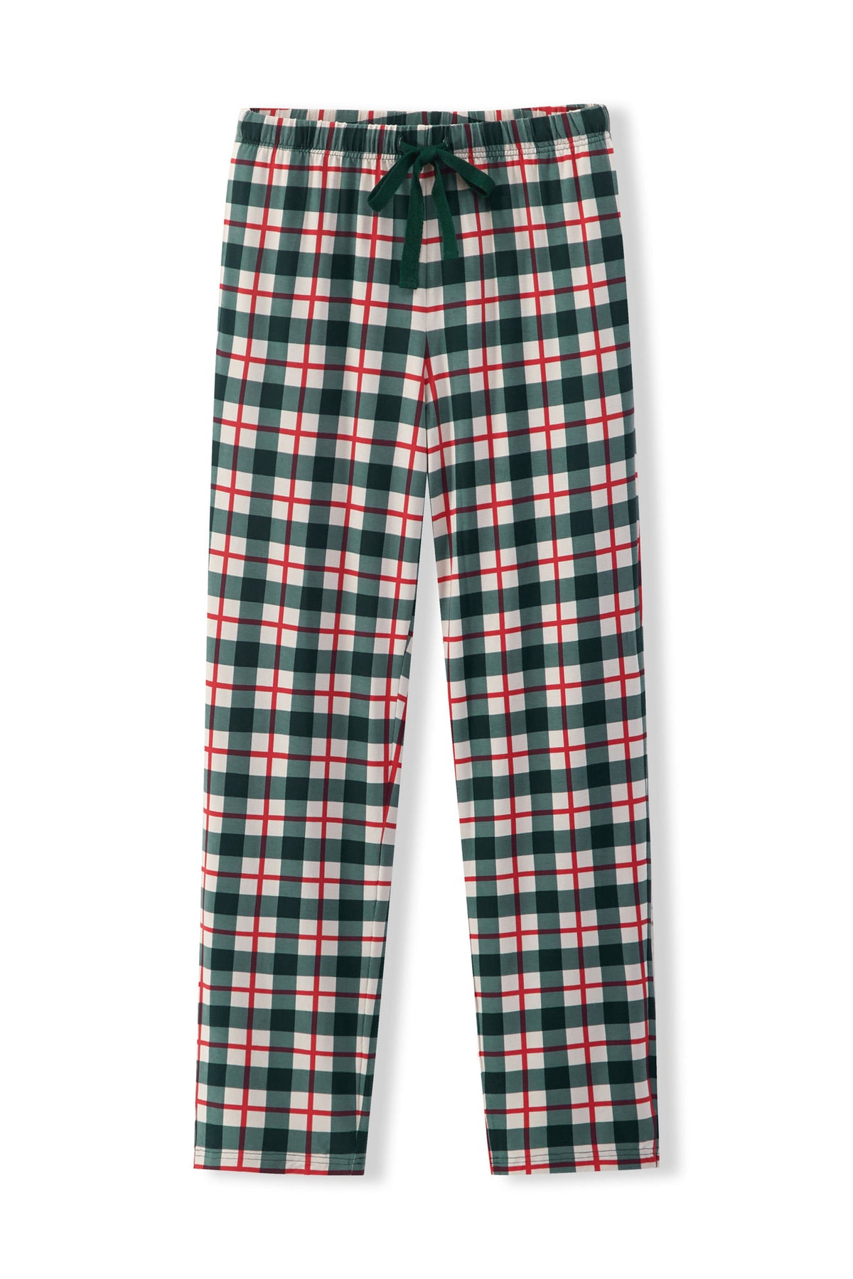 Green and red holiday plaid pants on a white background