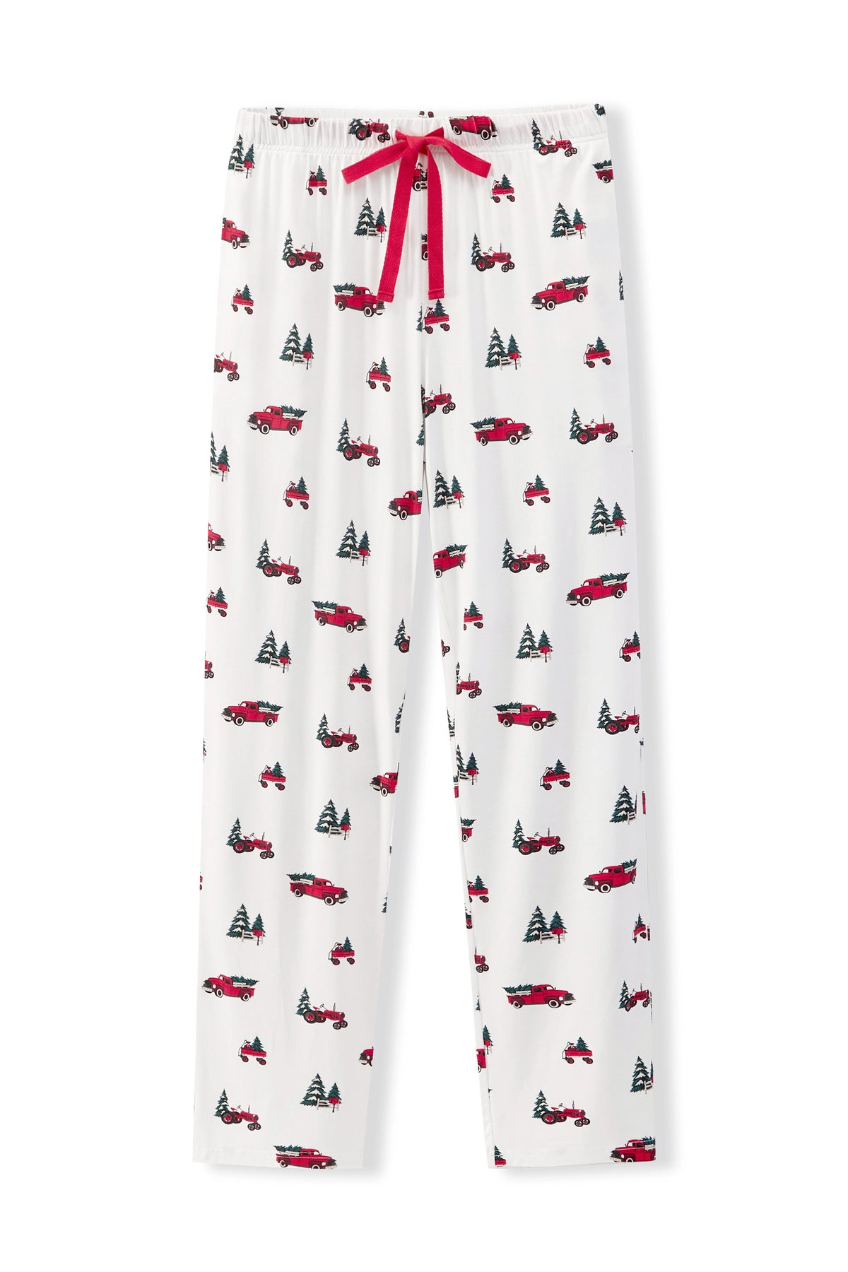 White pajama pants with an all-over red and black holiday truck and pine tree print, featuring a red drawstring waist.