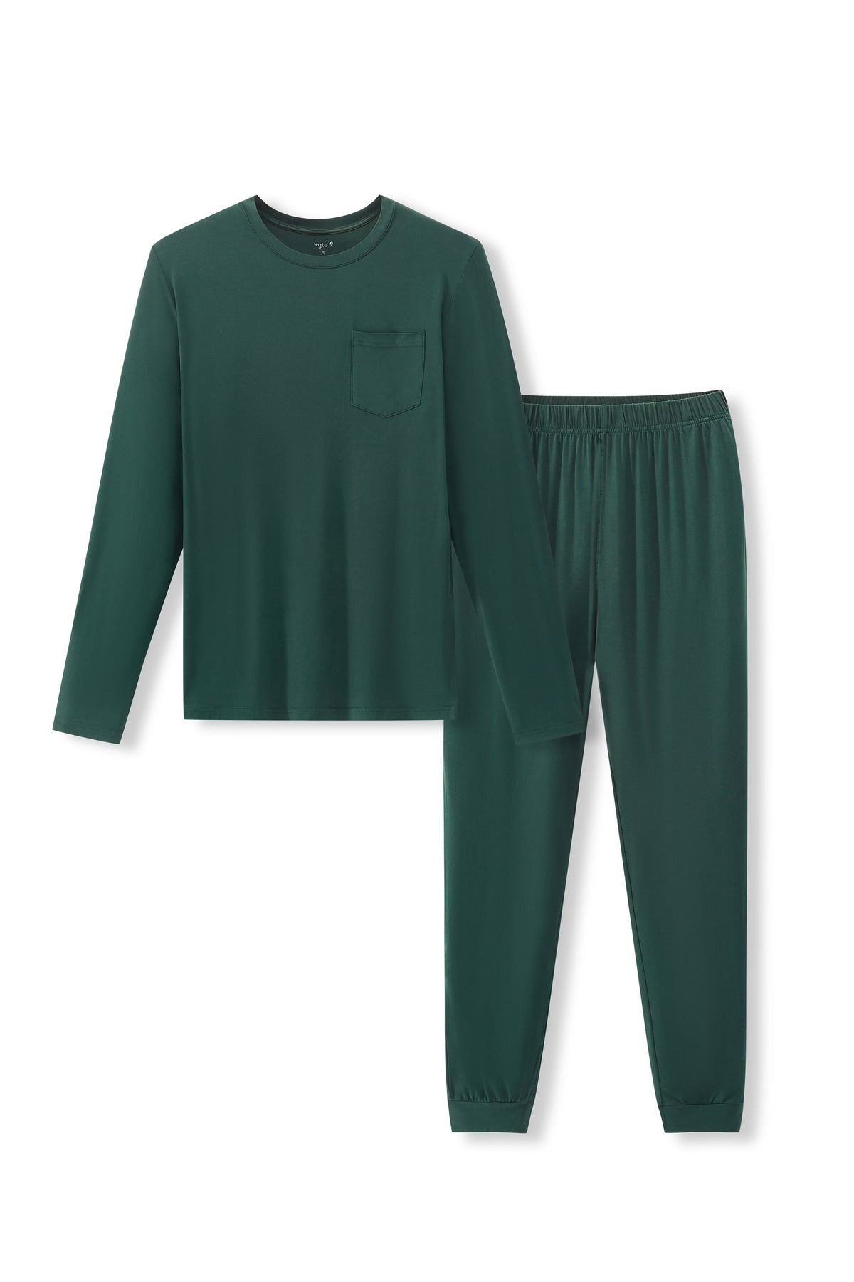 A two-piece dark green pajama set consisting of a long-sleeve crewneck shirt with a chest pocket and matching elastic-waist pants, displayed on a clean white background.
