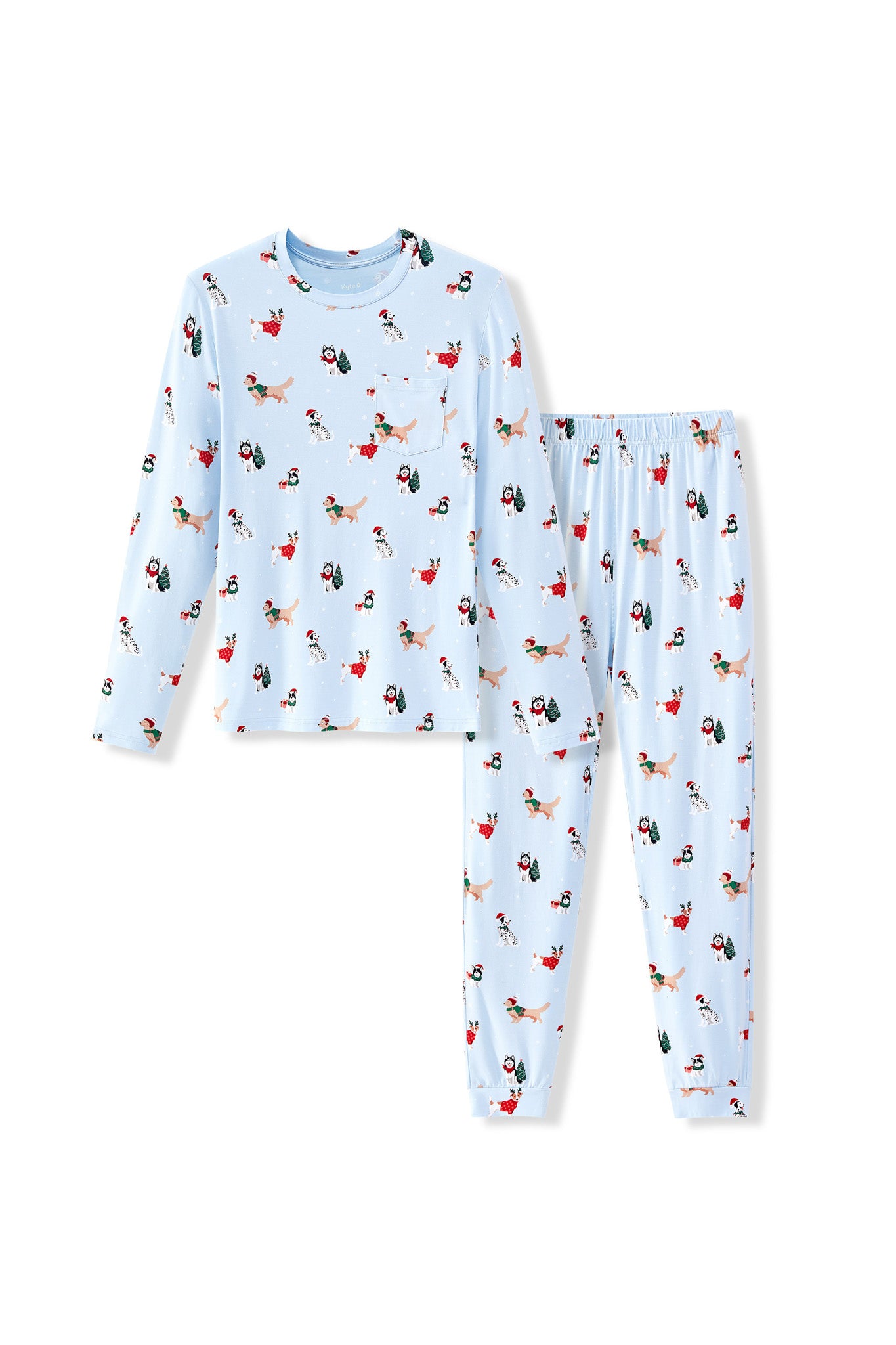 Blue Men's Jogger Set in Holiday Pups print on a white background