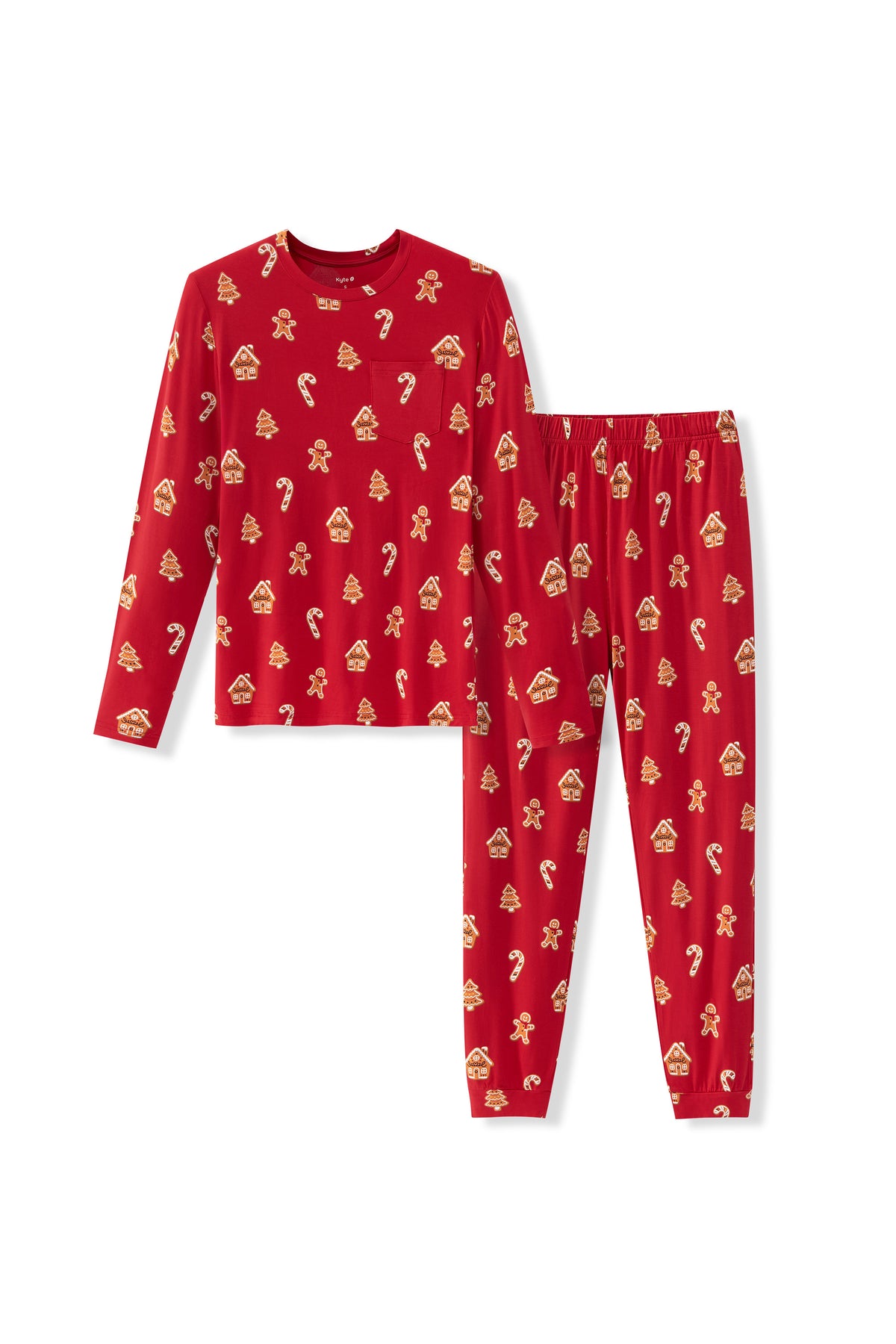 A two-piece red pajama set featuring a long-sleeve top and matching pants, both printed with a repeating pattern of small gingerbread cookies and candy canes, shown on a plain white background.