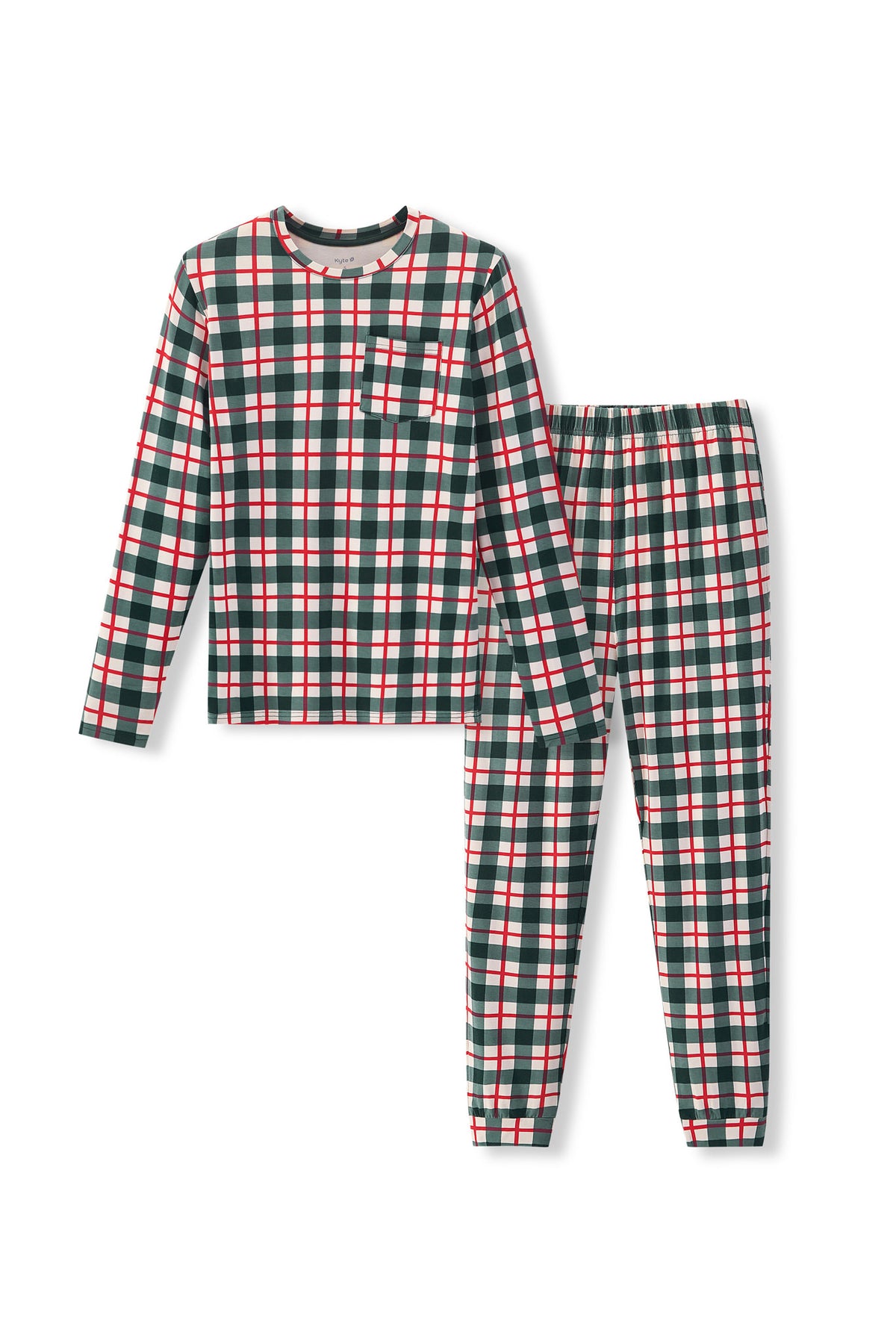 A two-piece pajama set featuring a long-sleeve top and matching pants in a festive green, red, and white plaid pattern, displayed on a clean white background.