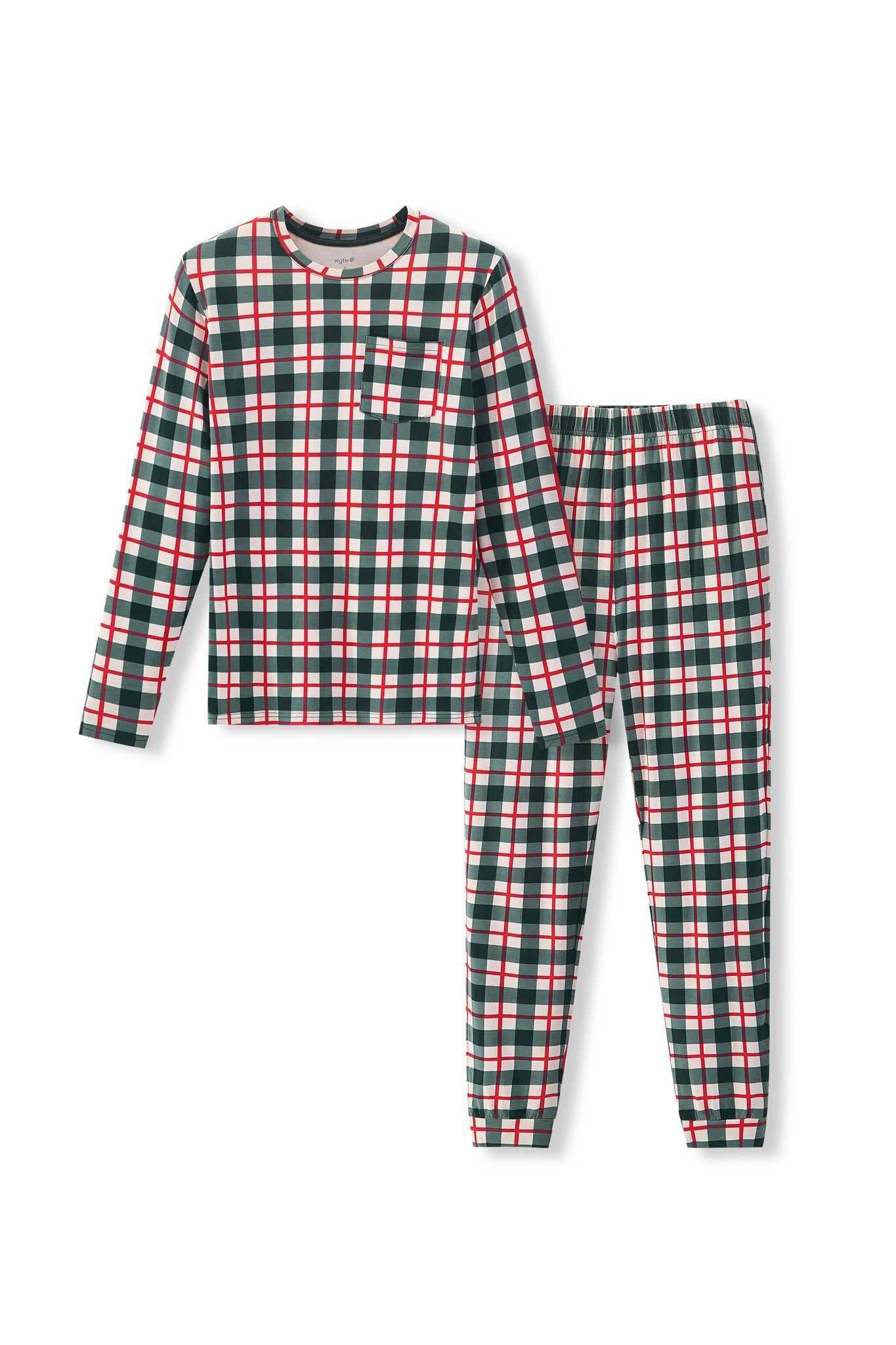A two-piece pajama set featuring a long-sleeve top and matching pants in a festive green, red, and white plaid pattern, displayed on a clean white background.