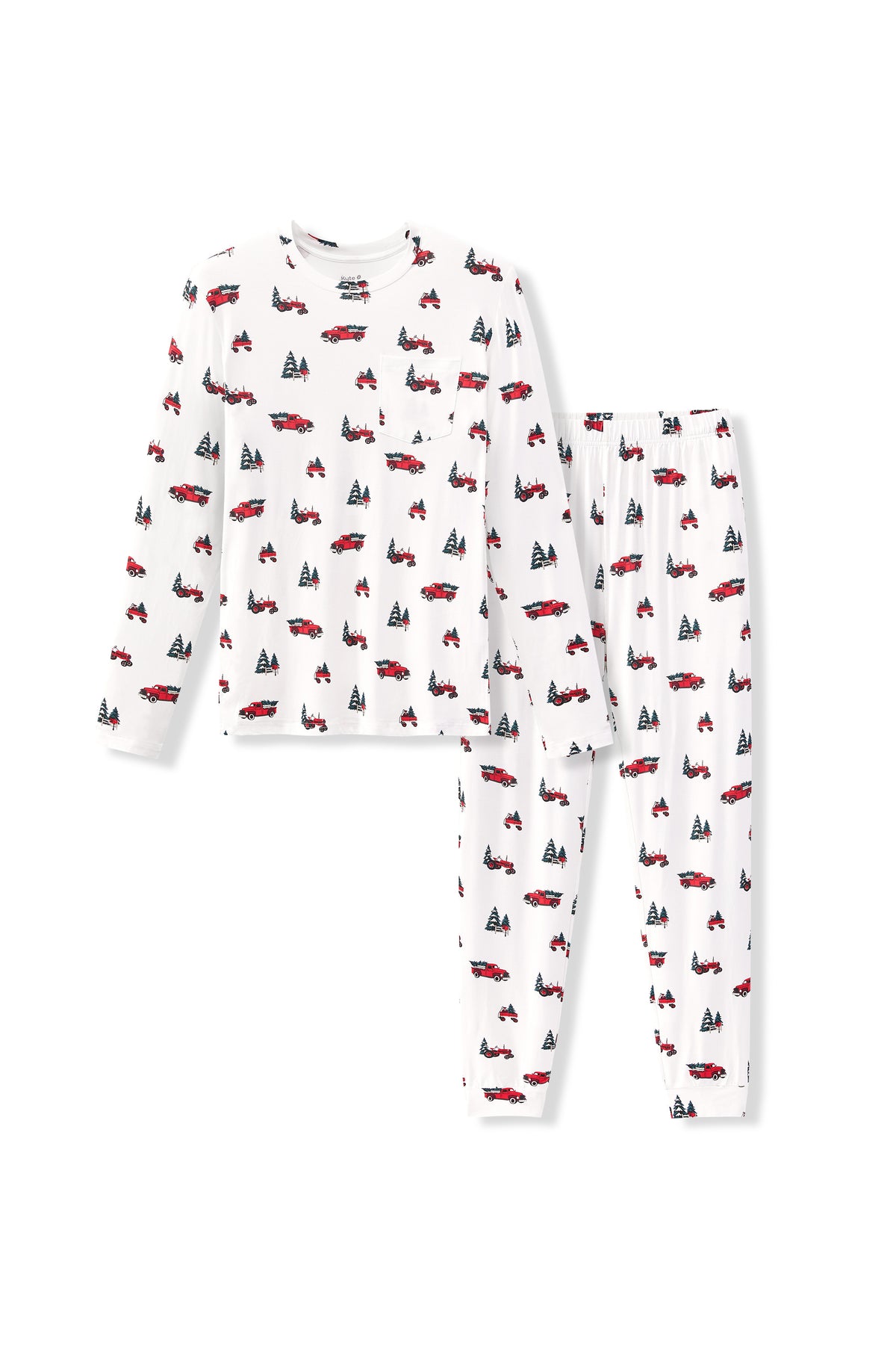 A two-piece men's pajama set featuring a long-sleeve top and matching pants, both in white with an all-over print of red pickup trucks and dark gray pine trees.