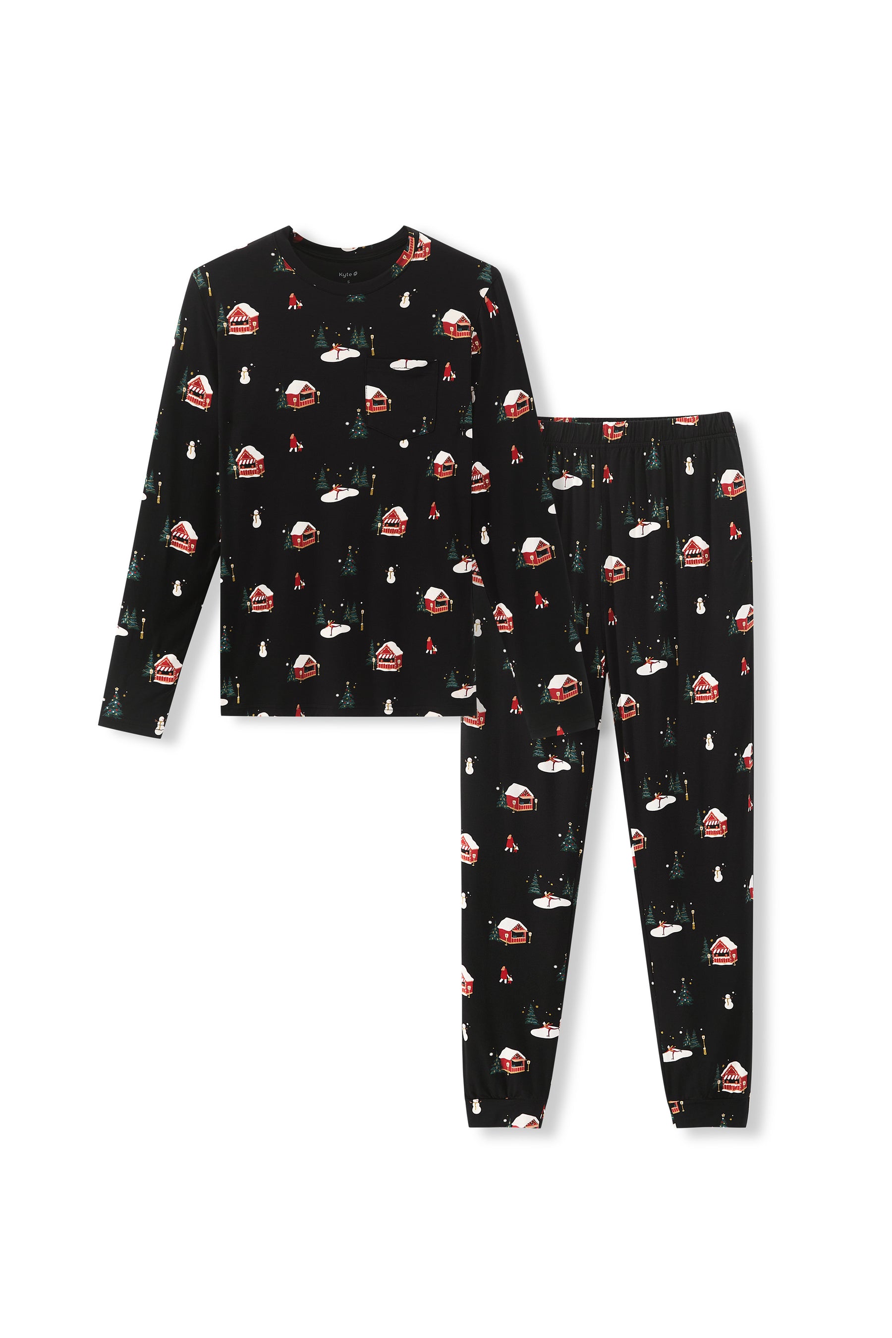 A two-piece mens pajama set featuring a long-sleeve top and matching pants in black with a festive holiday print of Santa Claus, snowman, pine trees, and gift boxes, displayed on a clean white background.