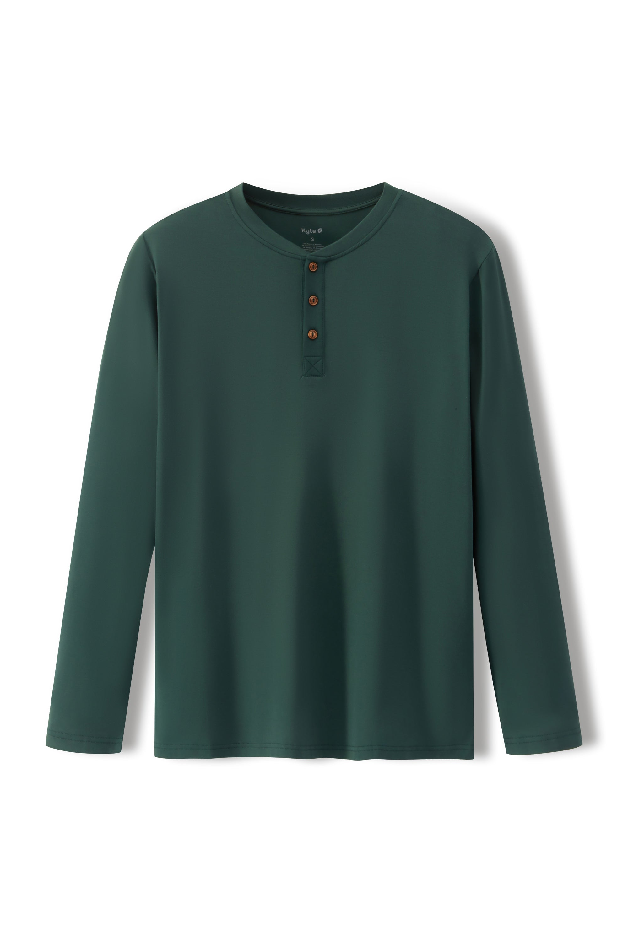 A dark green long-sleeve henley shirt with three brown buttons on the chest, displayed flat against a white background.