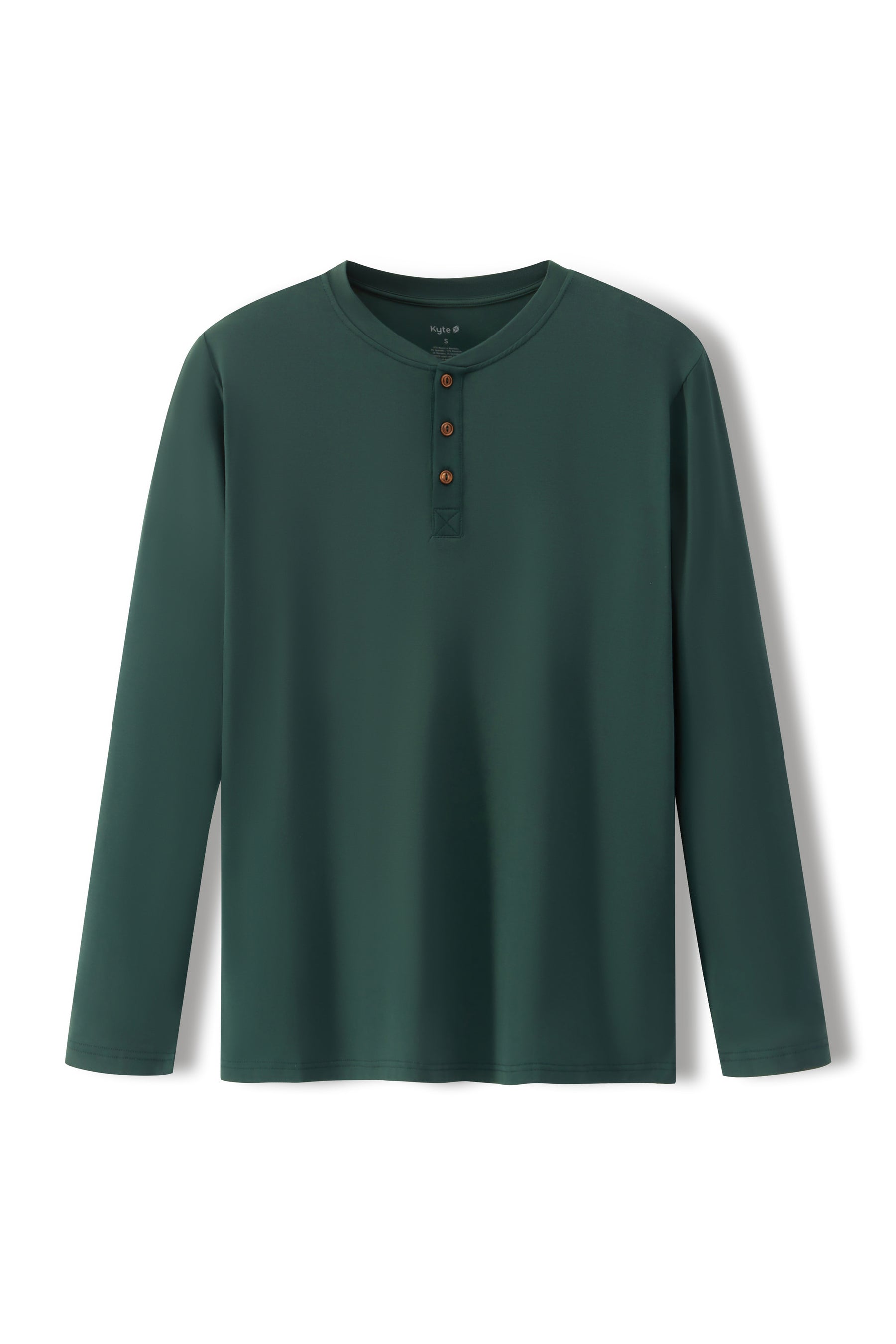 A dark green long-sleeve henley shirt with three brown buttons on the chest, displayed flat against a white background.