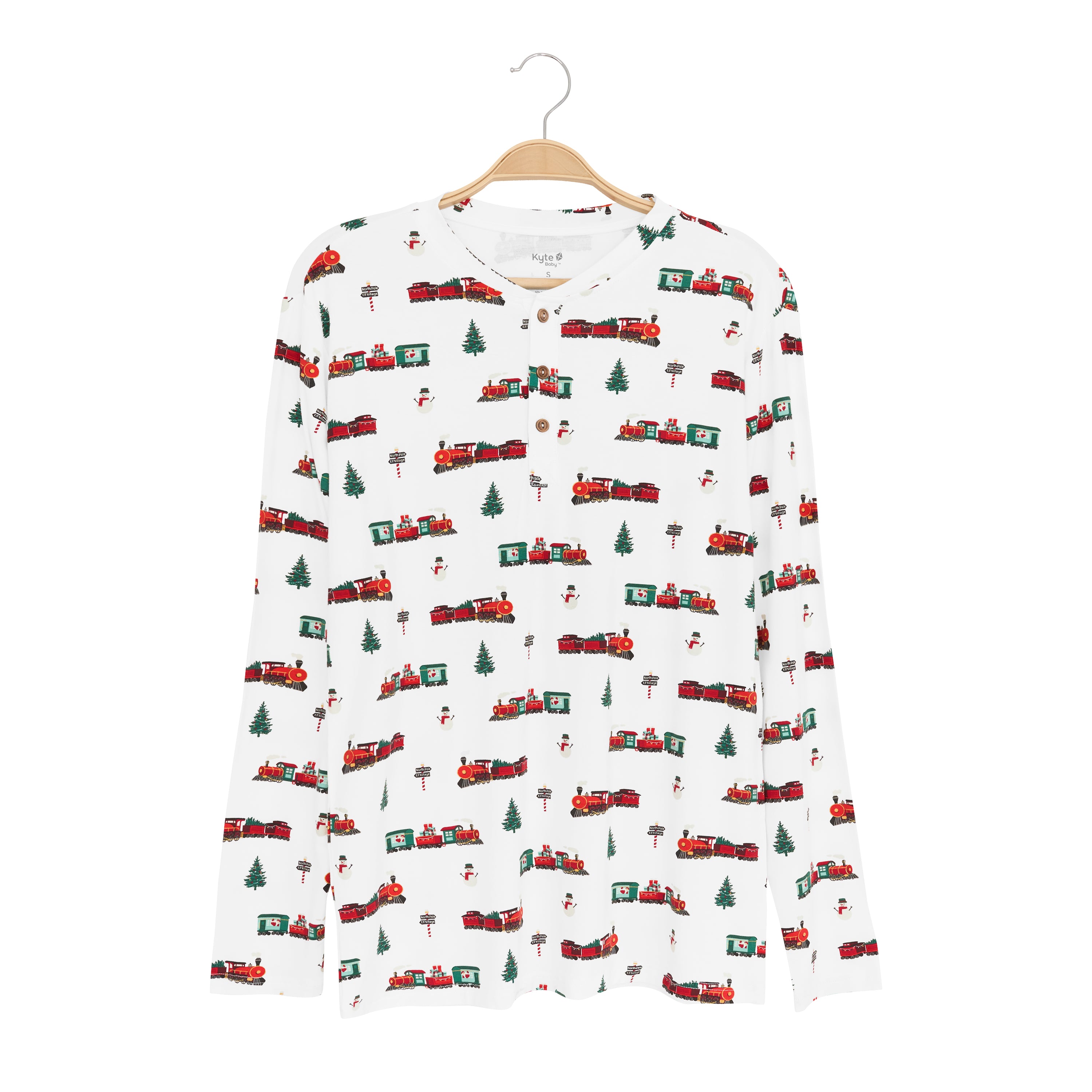 Men's Long Sleeve Henley Top in Holiday Train