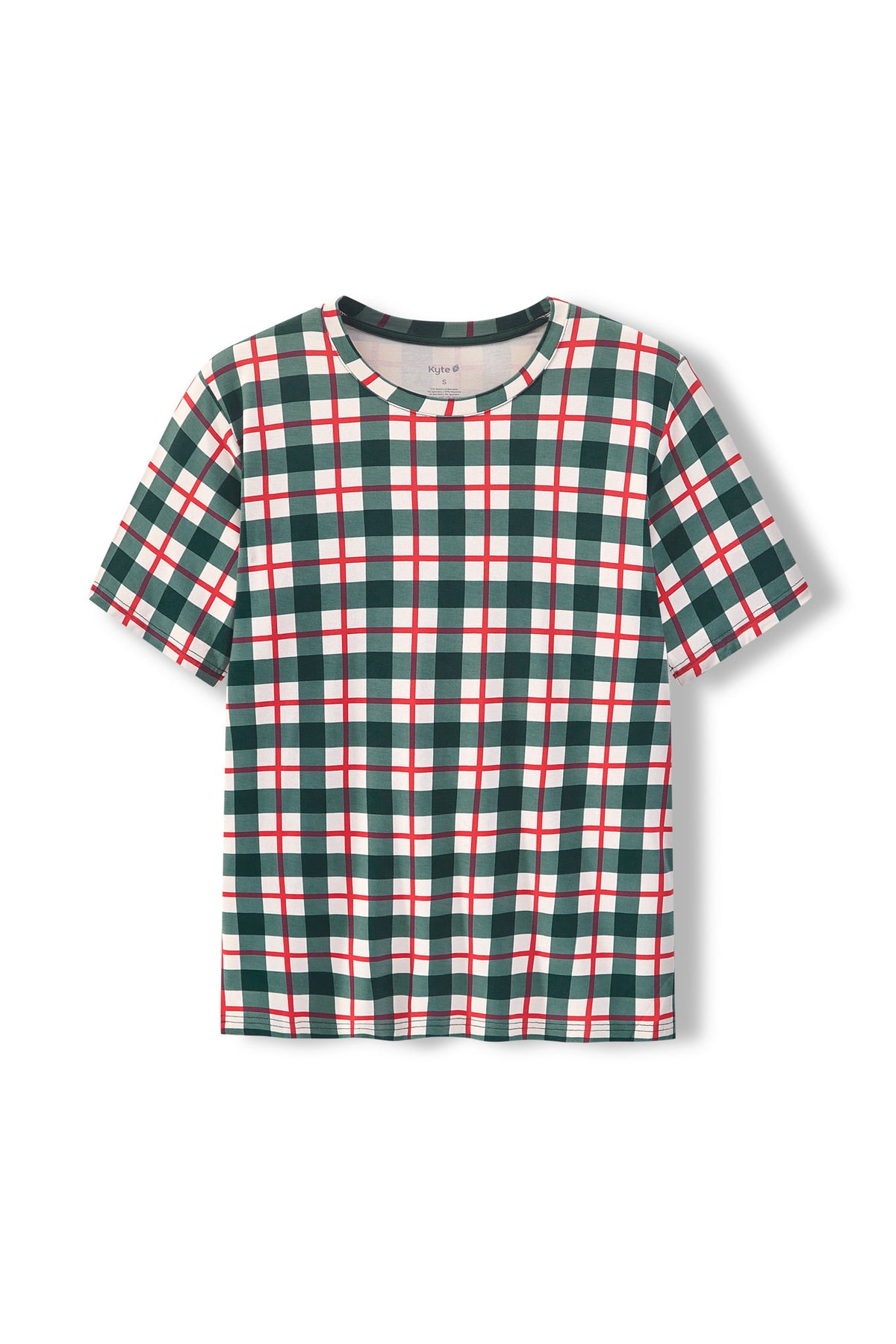 A short-sleeve crewneck t-shirt featuring a festive green, red, and white plaid pattern, displayed flat against a clean white background.