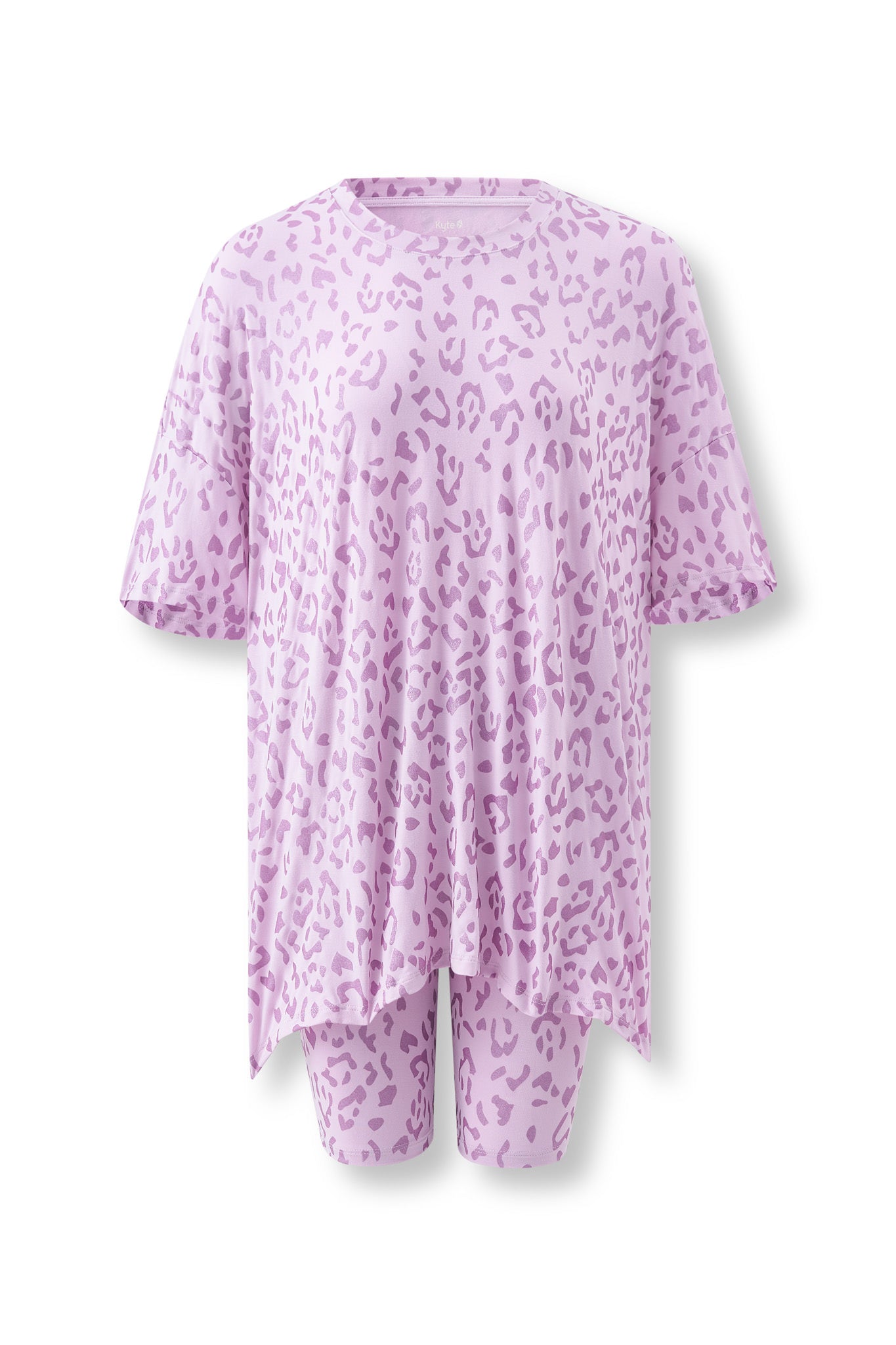 Women’s Biker Short Set in Thistle Leopard print on white background