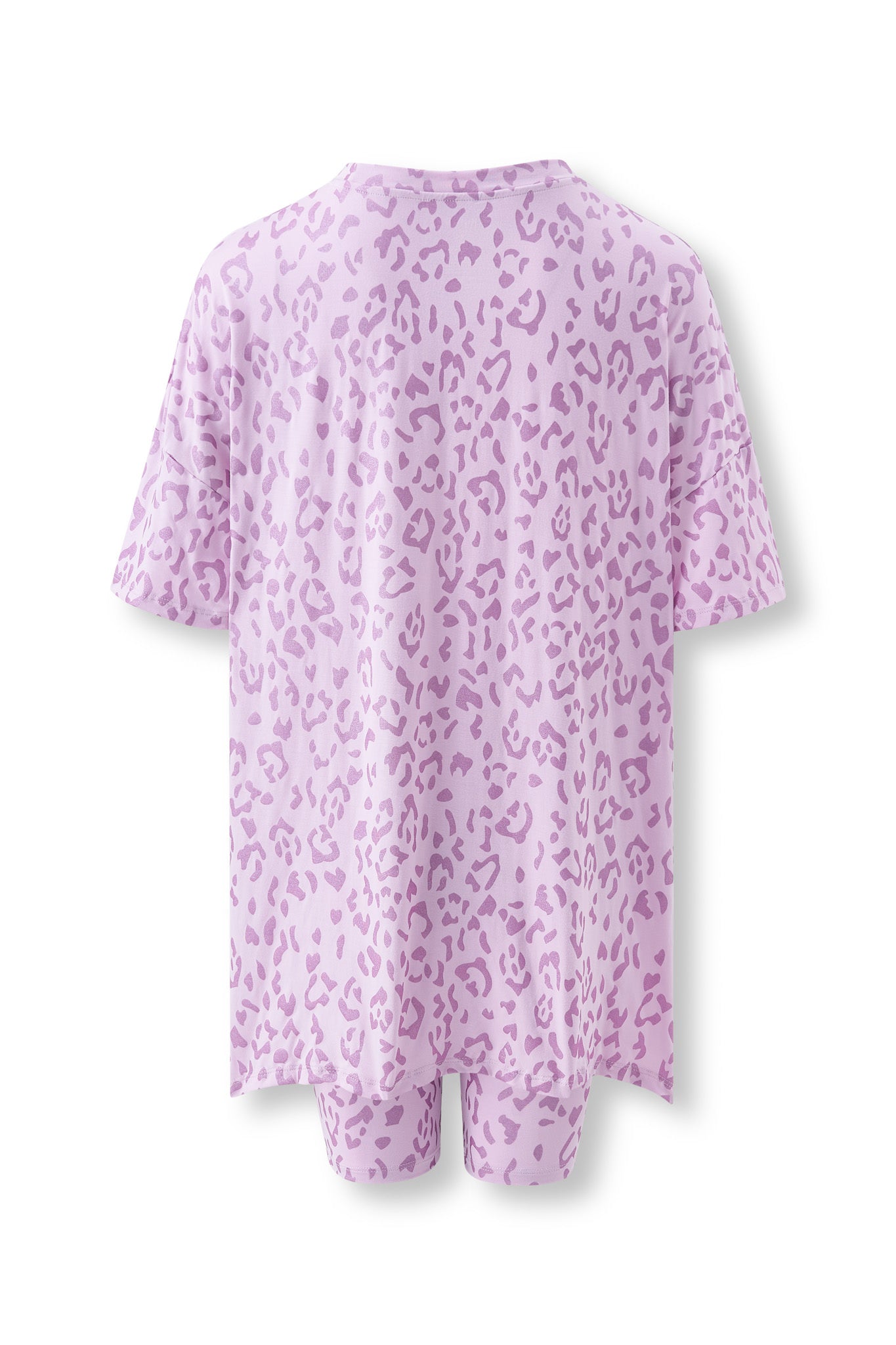 Back side of Women’s Biker Short Set in Thistle Leopard print on white background