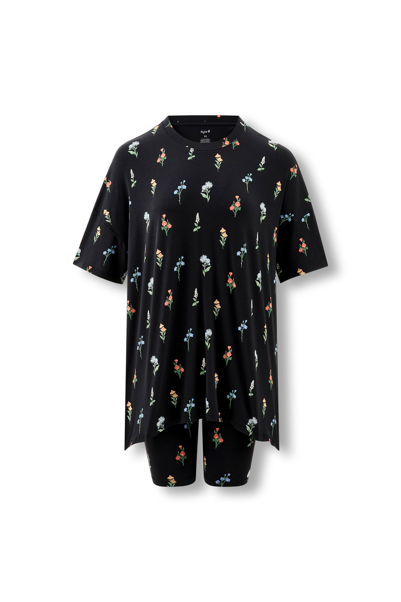 Black Women’s Biker Short Set in Wildflower print on a white background