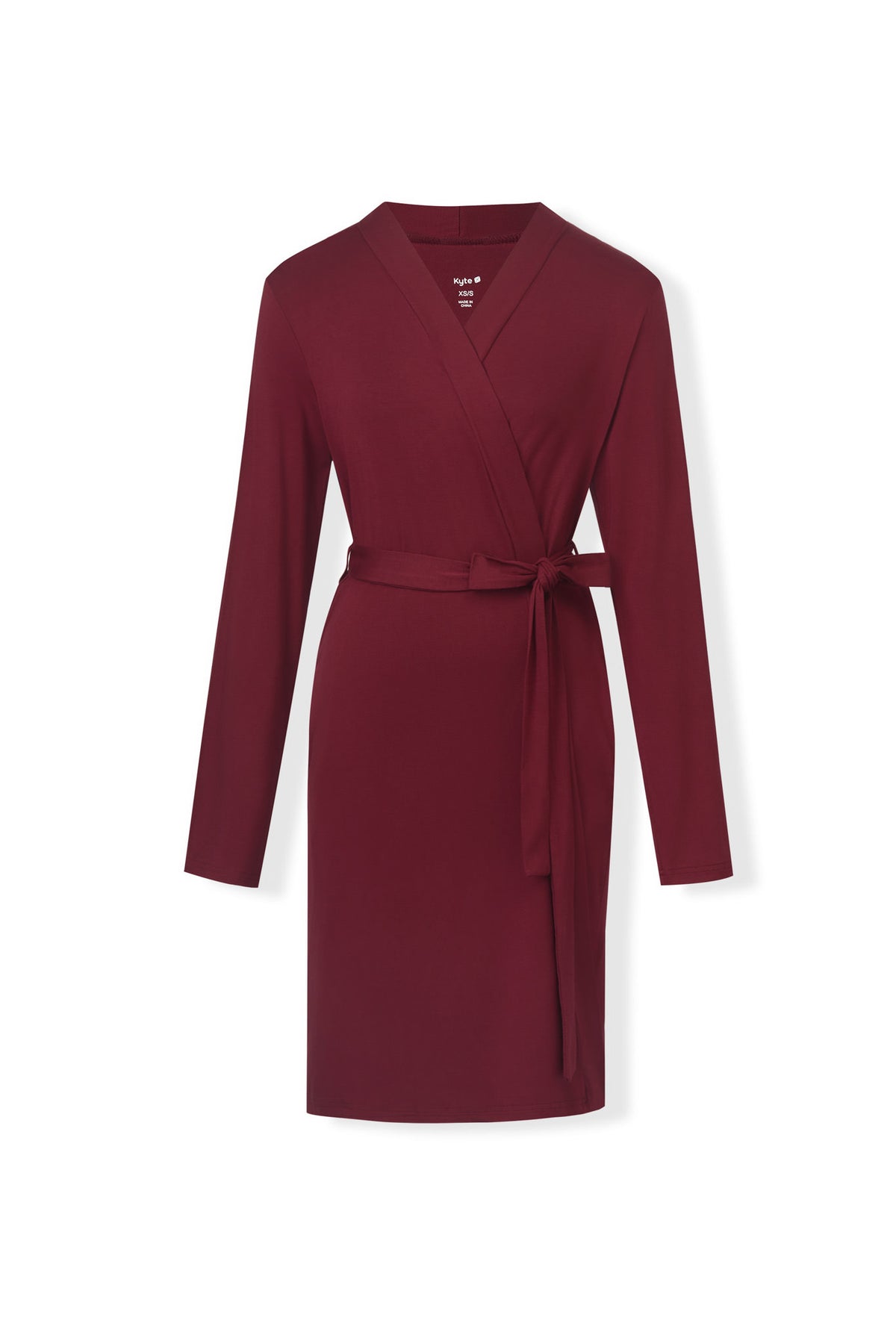 Front view of Women's Lounge Robe in Burgundy on a white background
