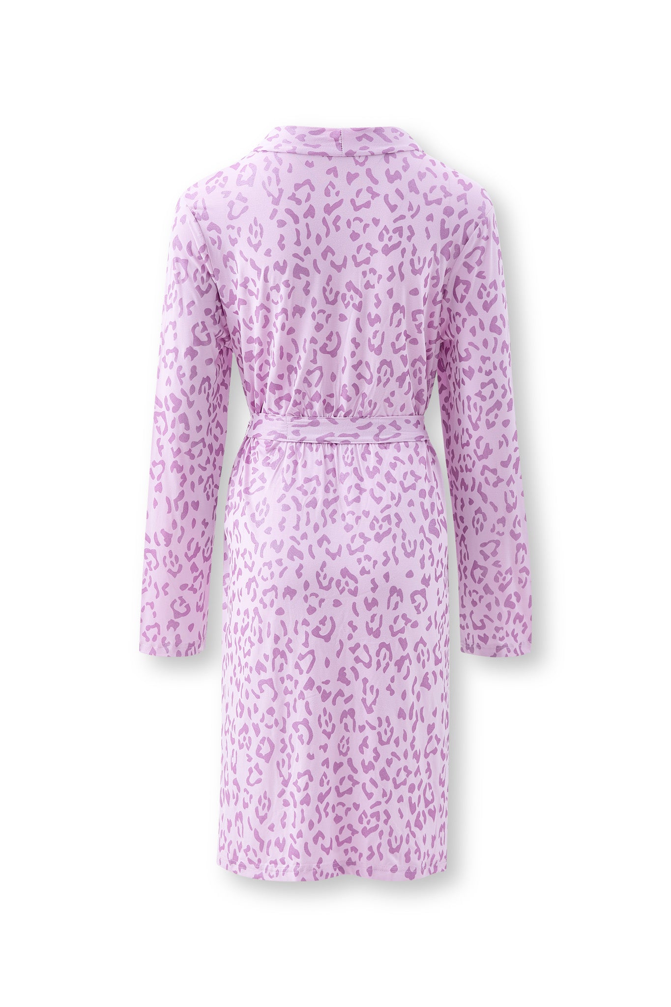 Back side ofbWomen's Lounge Robe in Thistle Leopard print on white background