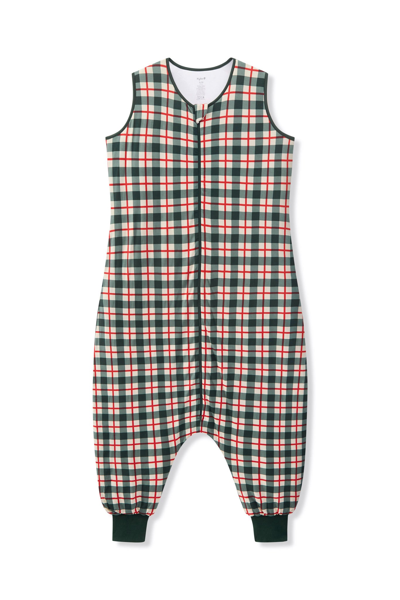 A sleeveless sleeping jumpsuit with a festive green, red, and white plaid pattern, featuring a front zipper, elastic waist, and cuffed legs.