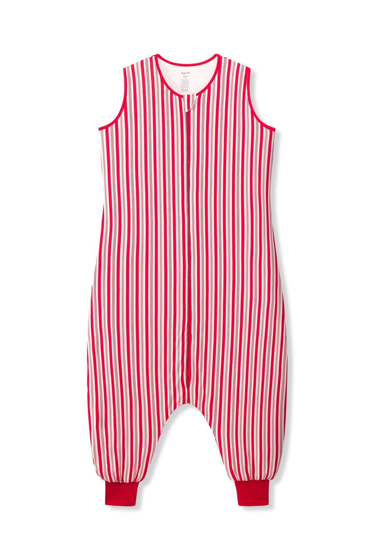 Adult Sleeveless Sleep Bag Walker in red and white Peppermint Stripe print on a white background