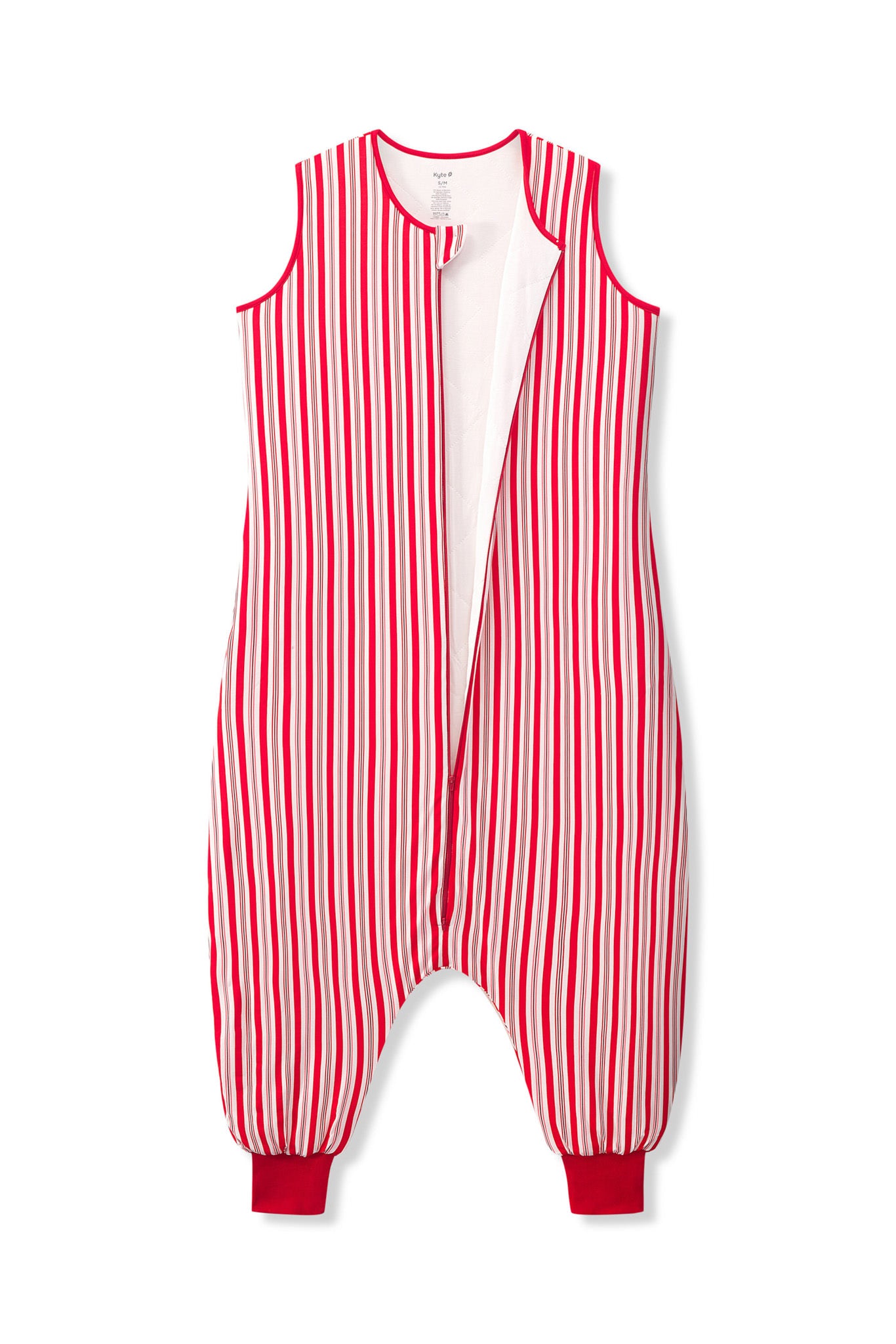 Adult Sleeveless Sleep Bag Walker in red and white Peppermint Stripe print with open zipper on a white background
