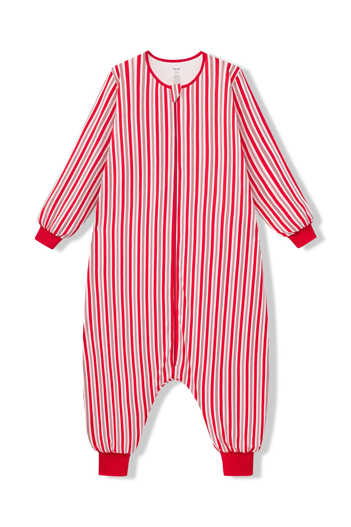 Long Sleeve Adult Sleep Bag Walker in red and white Peppermint Stripe print on a white background