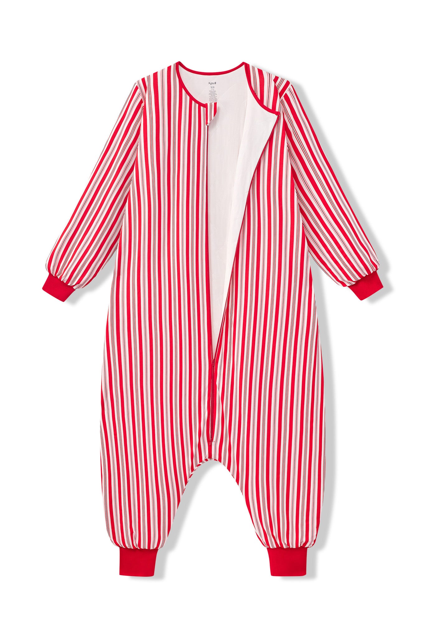 Long Sleeve Adult Sleep Bag Walker in red and white Peppermint Stripe print with open zipper on a white background