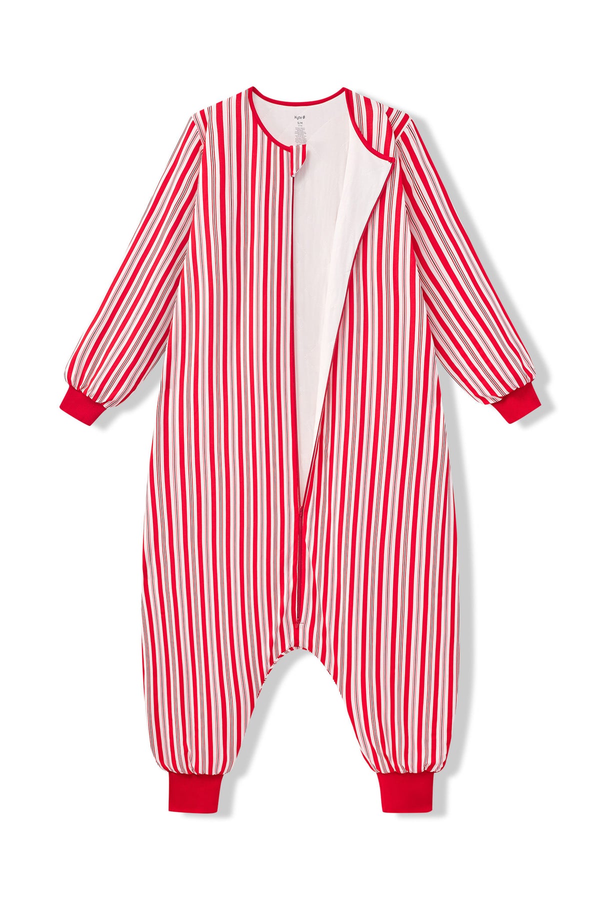 Long Sleeve Adult Sleep Bag Walker in red and white Peppermint Stripe print with open zipper on a white background