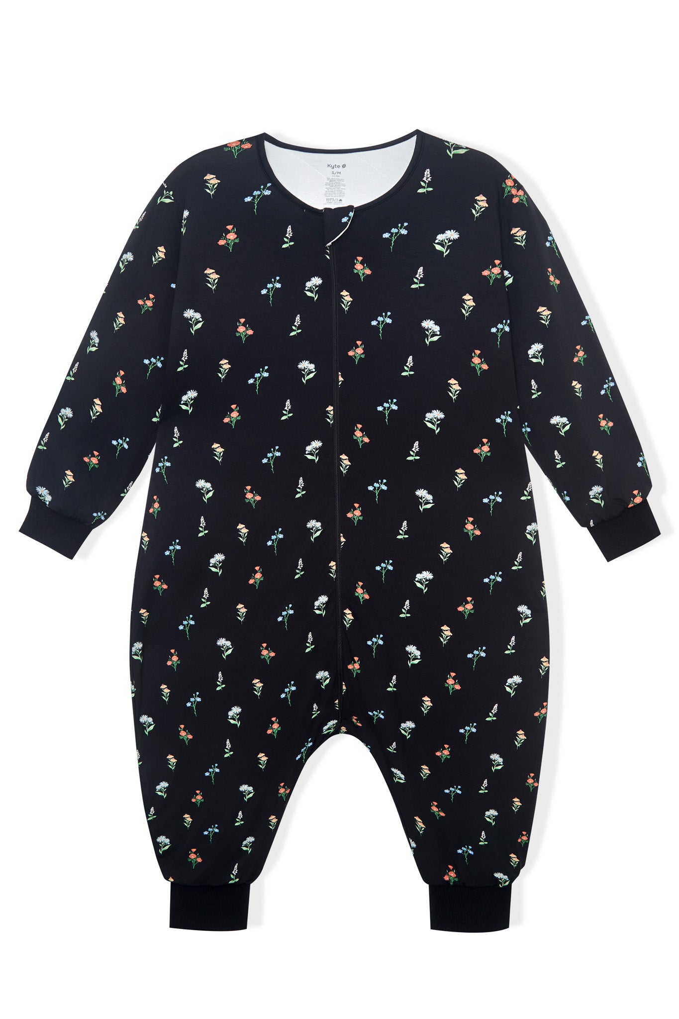 Black Long Sleeve Adult Sleep Bag Walker in Wildflower print on a white background