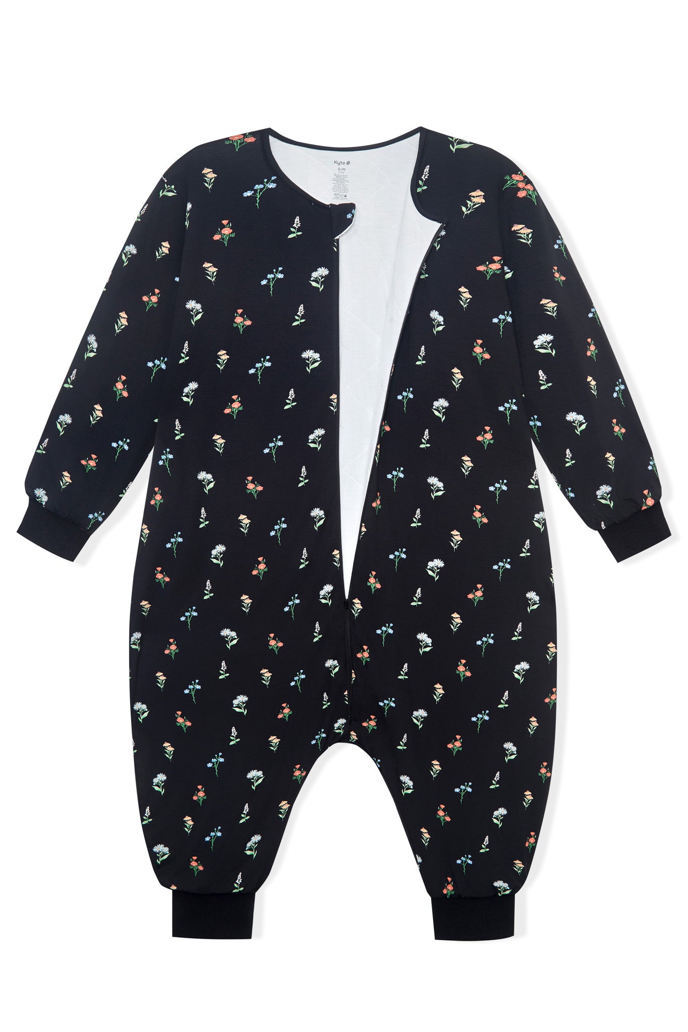 Black Long Sleeve Adult Sleep Bag Walker in Wildflower print with zipper on a white background