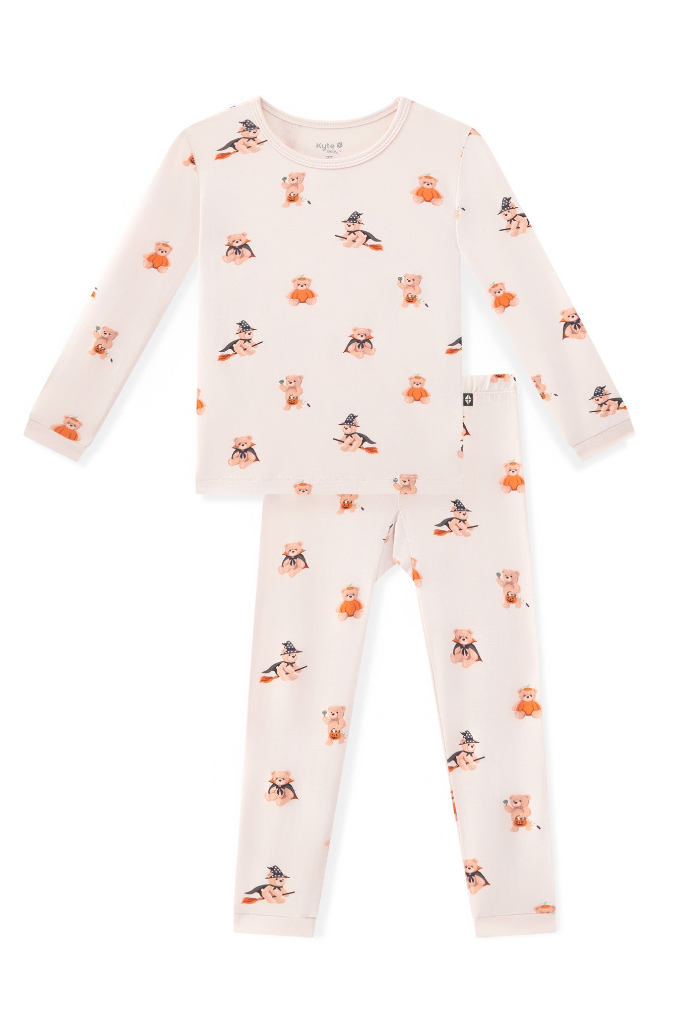Beige Long Sleeve Pajamas in Halloween Teddy print on a white background