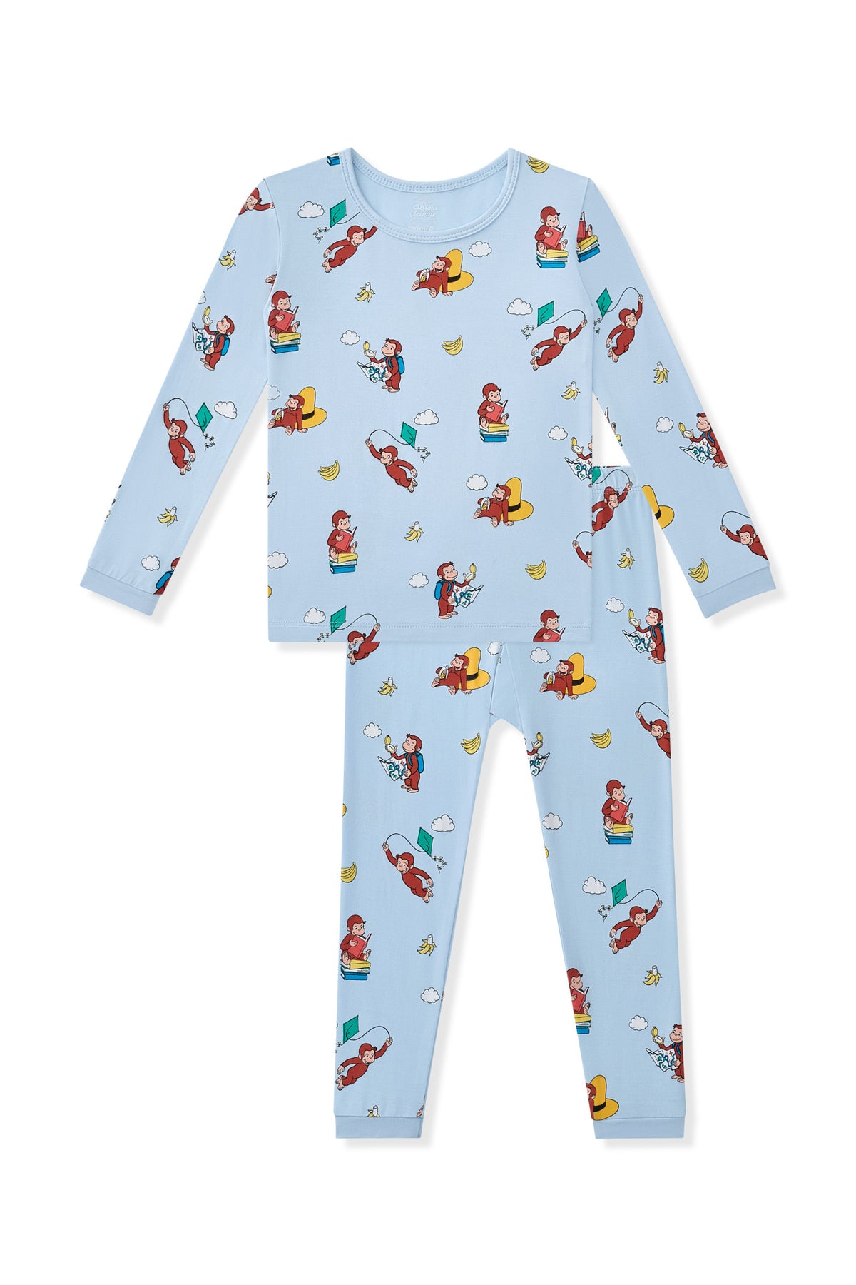 Blue Long Sleeve Pajamas in Curious George print on a white background