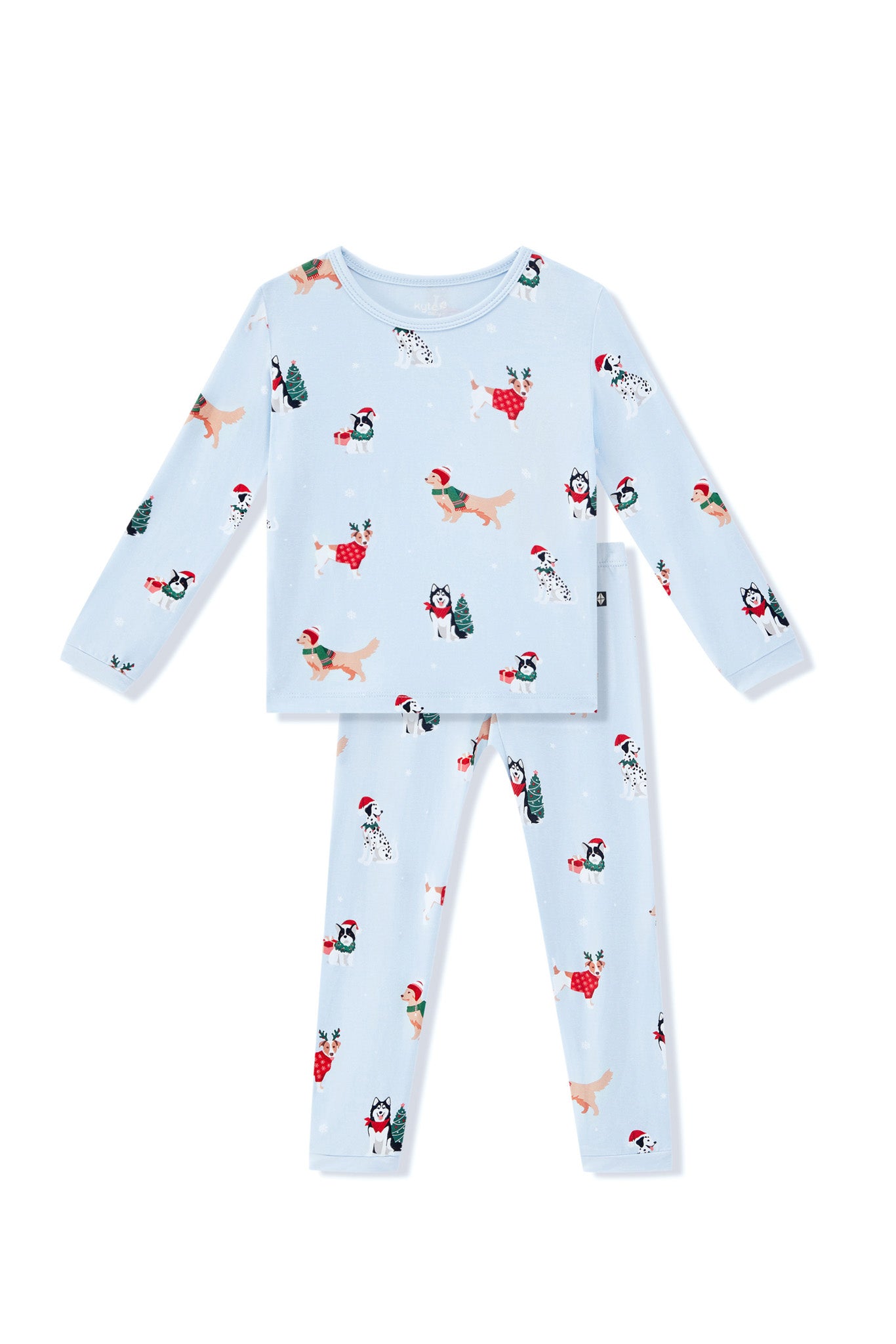Blue Long Sleeve Pajamas in Holiday Pups print on a white background