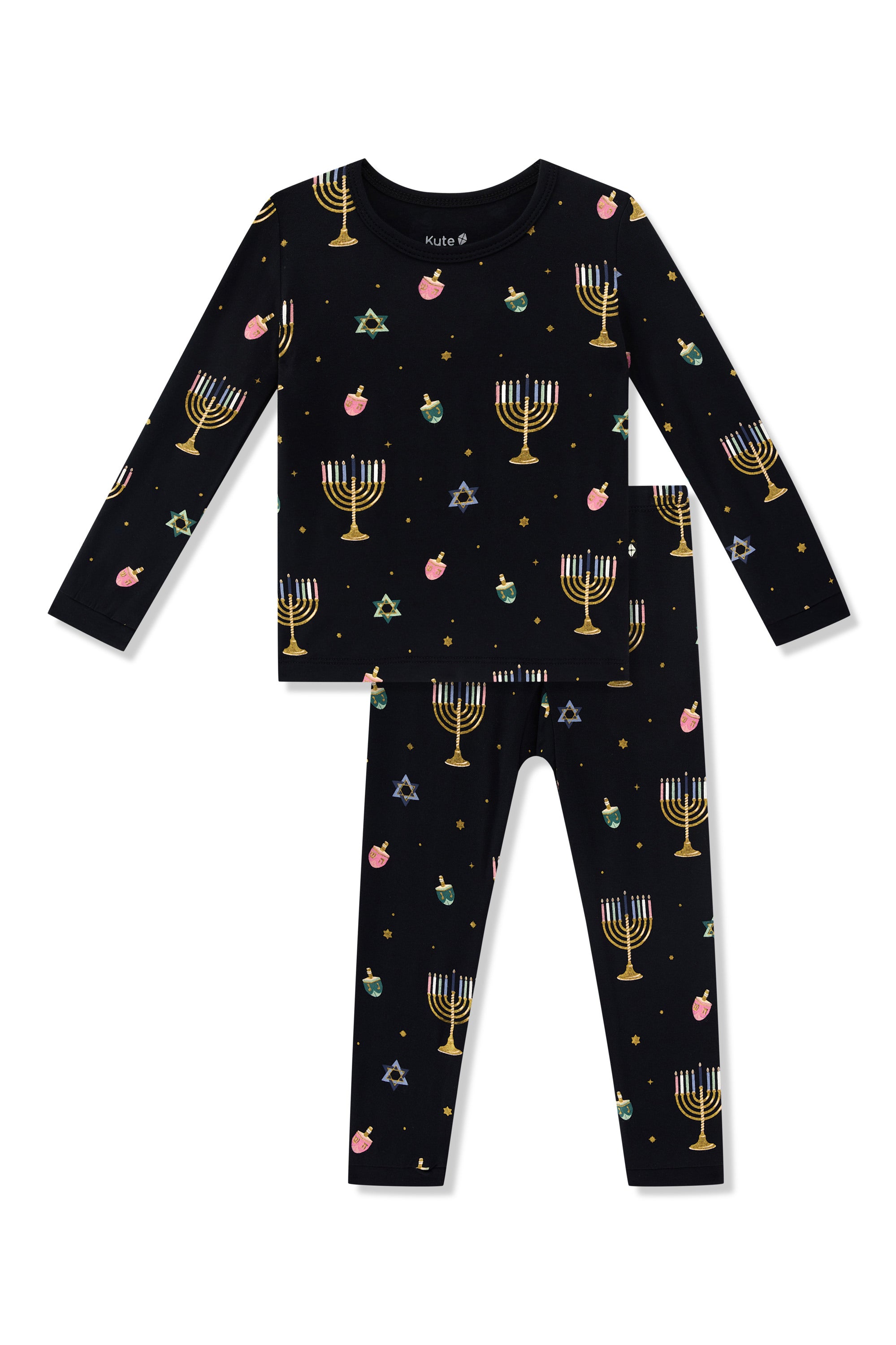 Black Long Sleeve Pajamas in Hanukkah Nights print on a white background