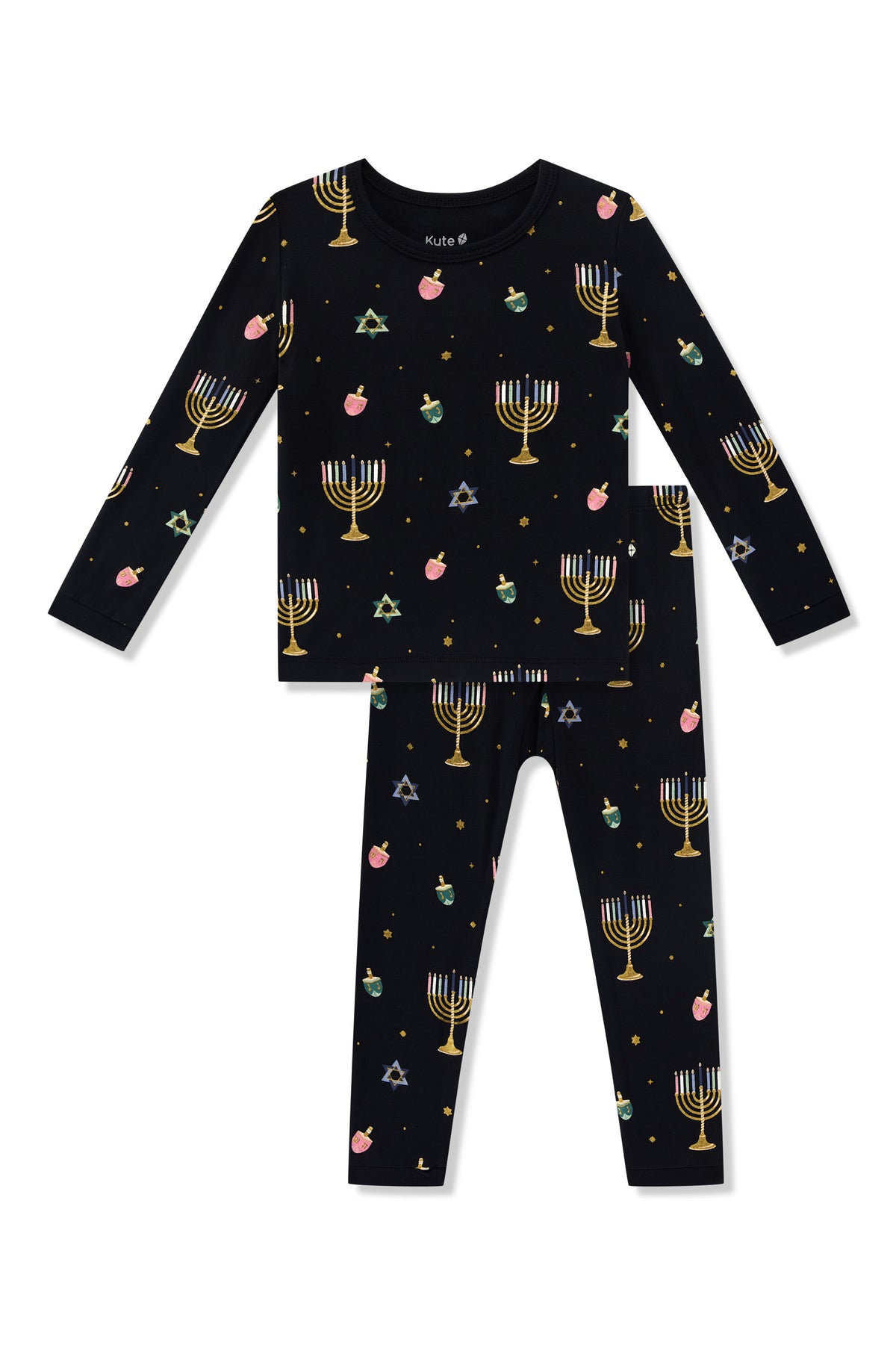 Black Long Sleeve Pajamas in Hanukkah Nights print on a white background