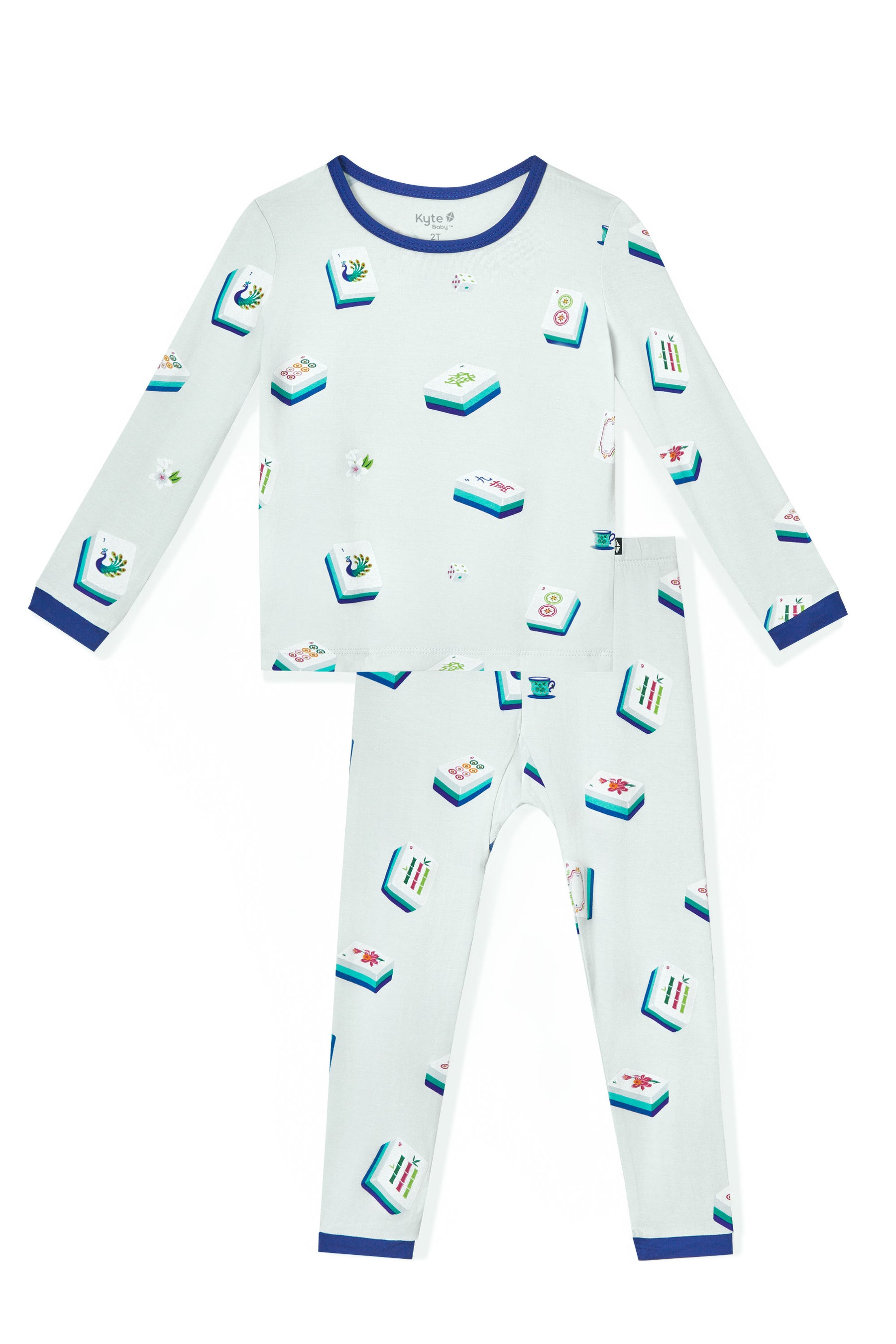 Blue Long Sleeve Pajamas with Mahjong pattern on a white background