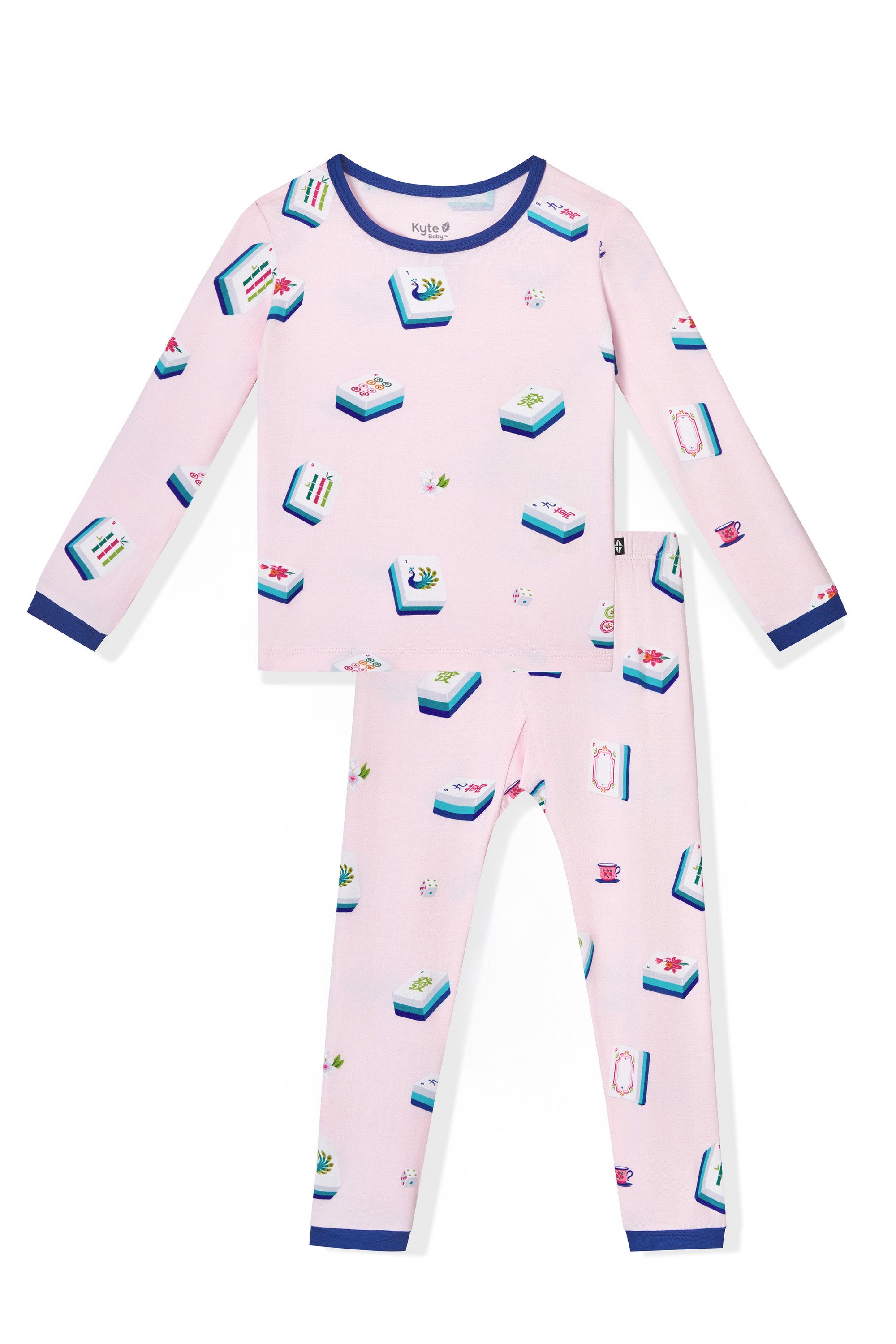 Pink Long Sleeve Pajamas with Mahjong pattern on a white background
