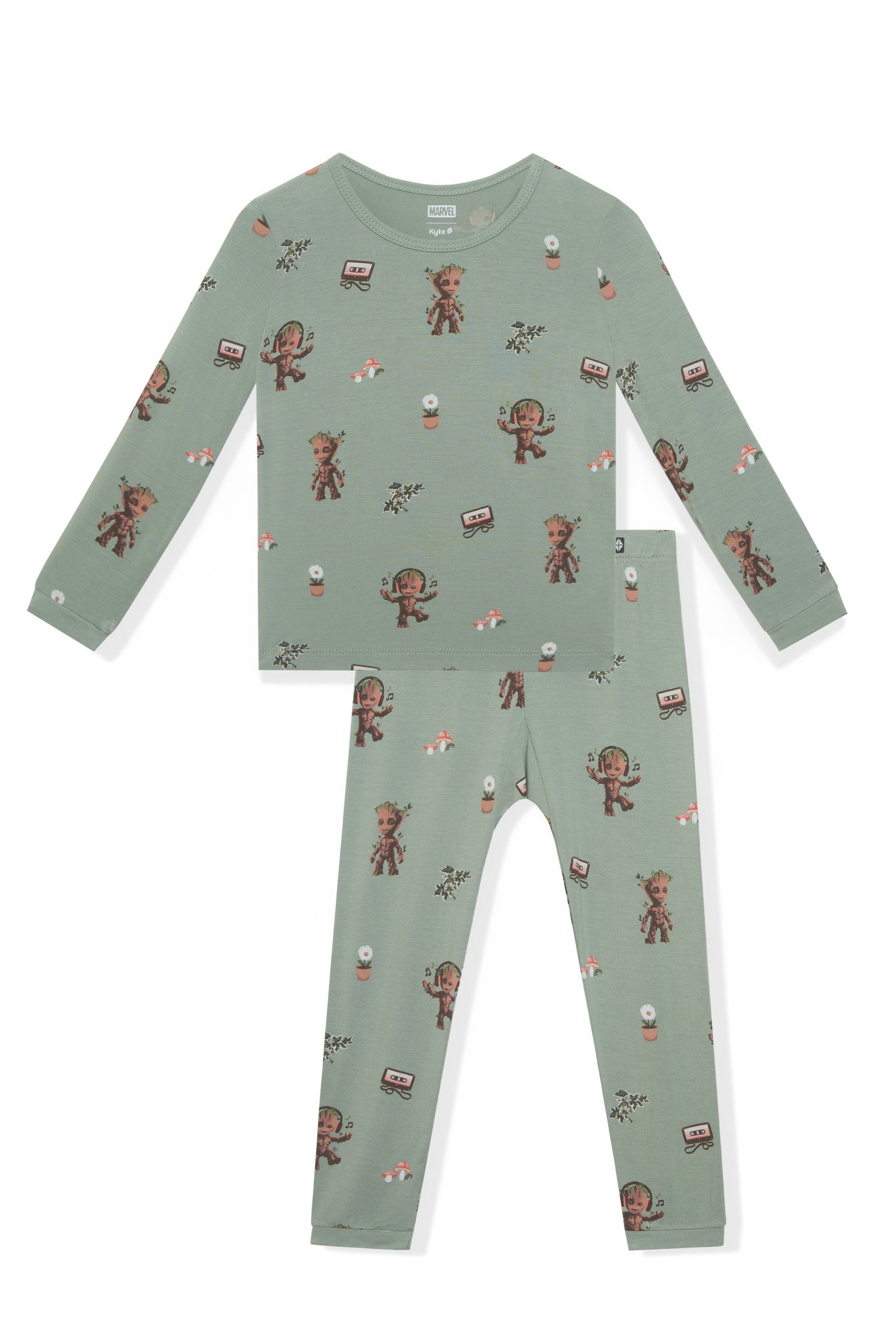 Long Sleeve Pajamas in Groot print on a white background