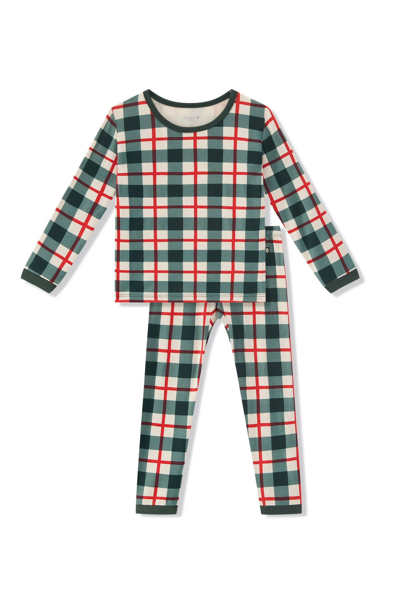 A two-piece children's pajama set featuring a long-sleeve top and matching pants in a green, red, and cream plaid pattern, displayed flat against a white background.