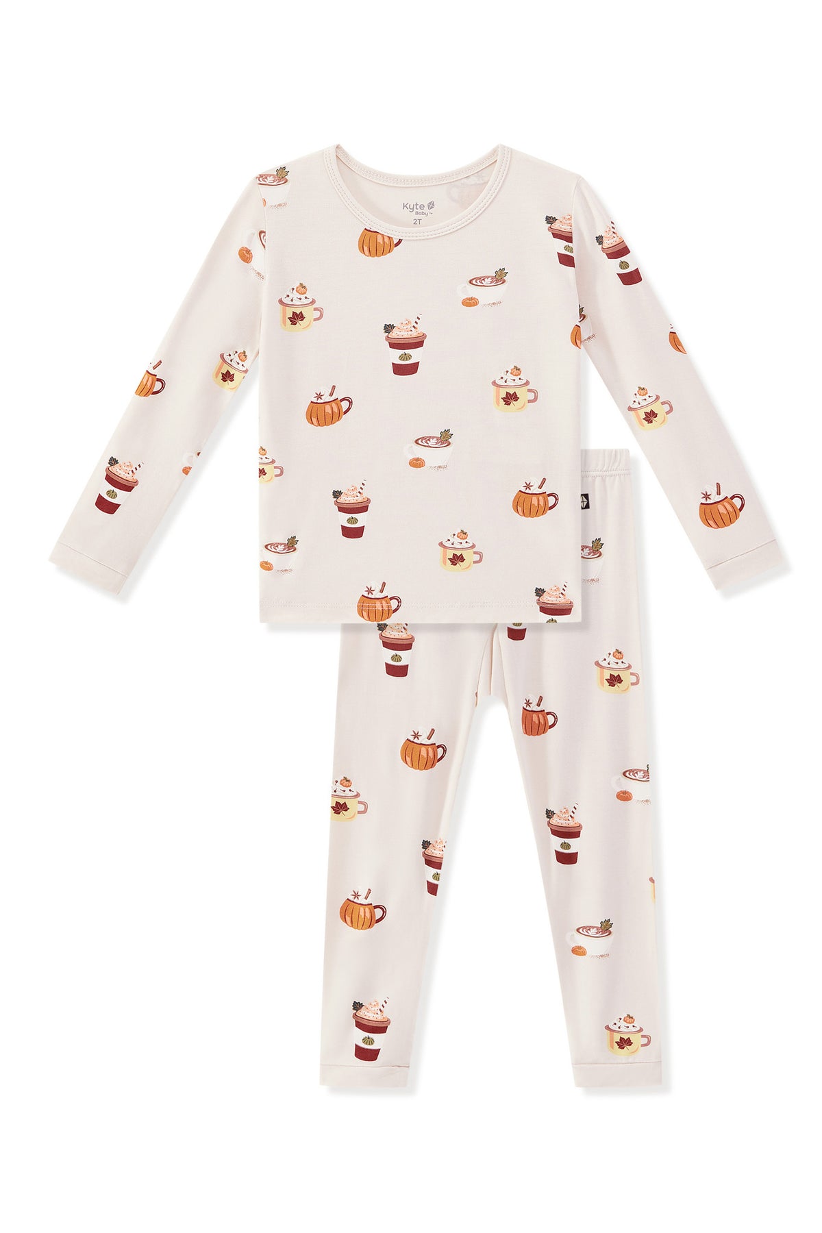 Long Sleeve Pajamas in Pumpkin Spice Latte print on a white background
